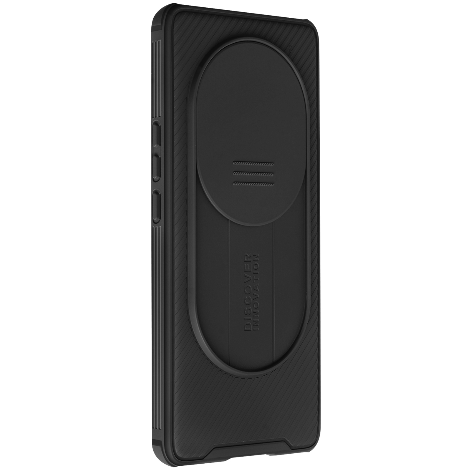 Una custodia nera per telefono con copertura scorrevole per fotocamera e logo Discover Innovation, su sfondo bianco.