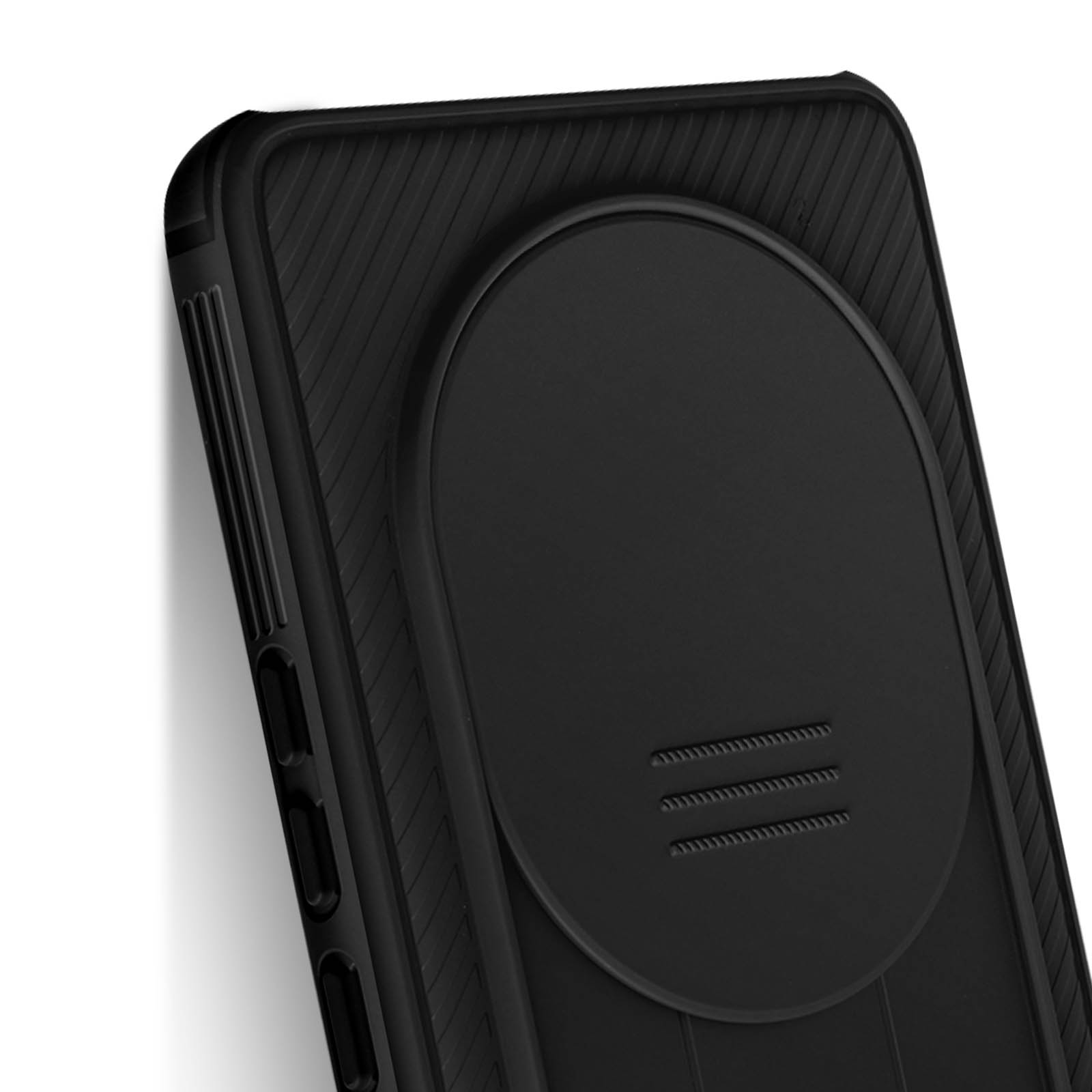 Una custodia per telefono nera con una superficie strutturata e un ritaglio circolare con tre linee orizzontali.