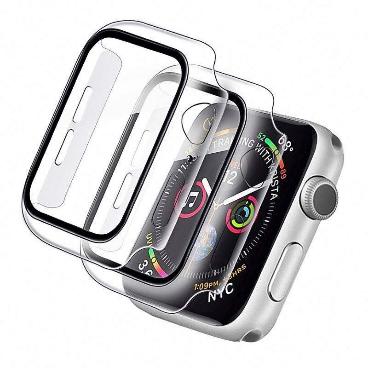 Apple Watch mit Schutzhülle. Die Uhr zeigt die Zeit und Informationen an.