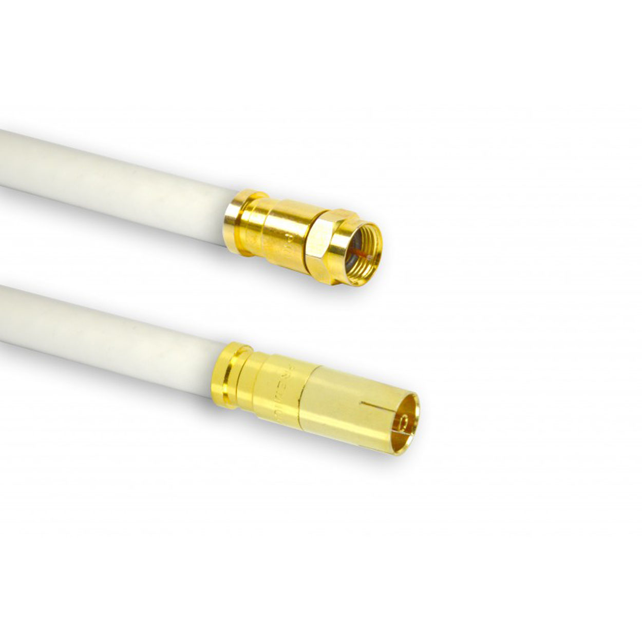 Zwei Kabel mit Goldsteckern, weißer Hintergrund. Die Kabel liegen eng beieinander.