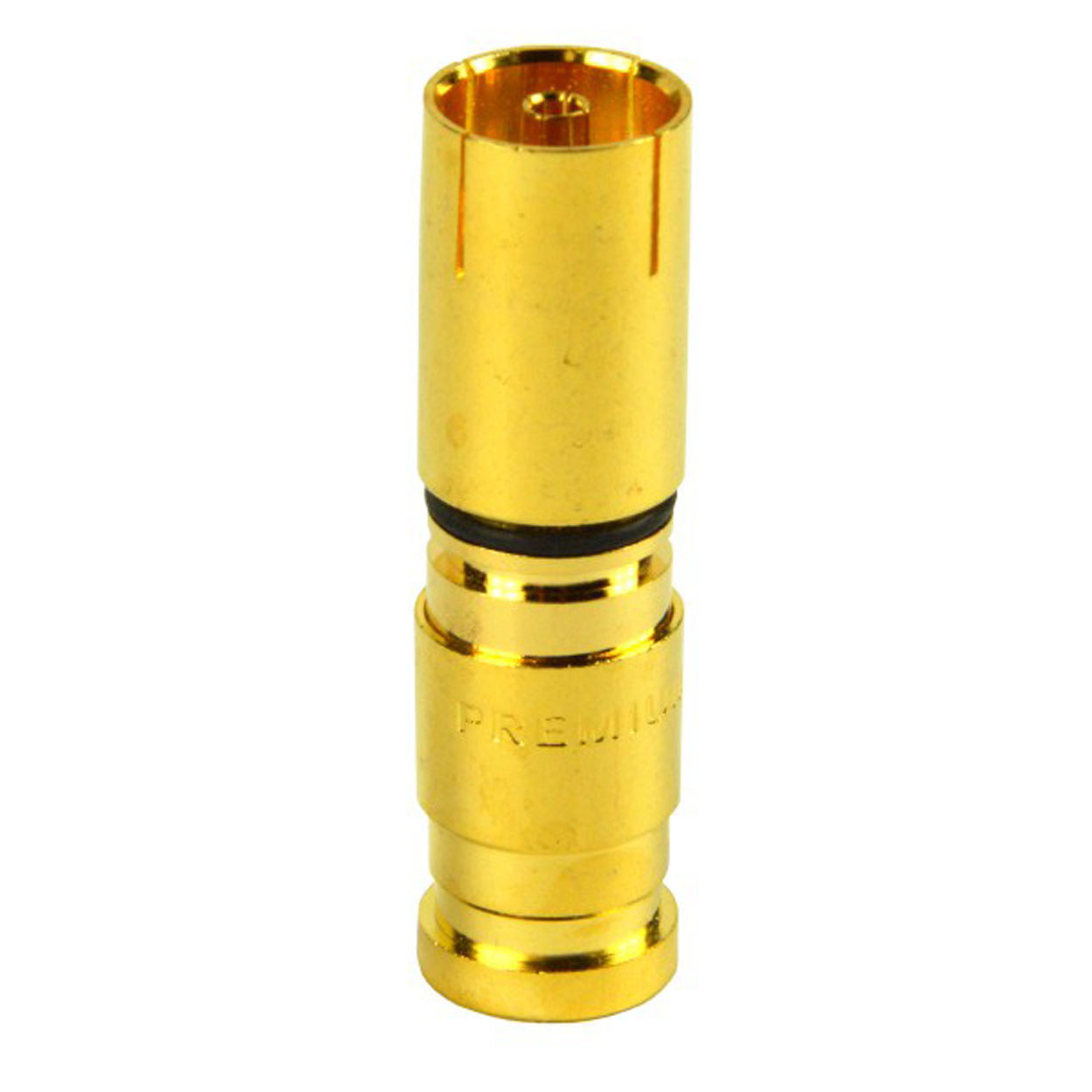Goldfarbener Stecker mit schwarzem Ring und dem Wort „PREMIUM“ darauf, vor weißem Hintergrund.