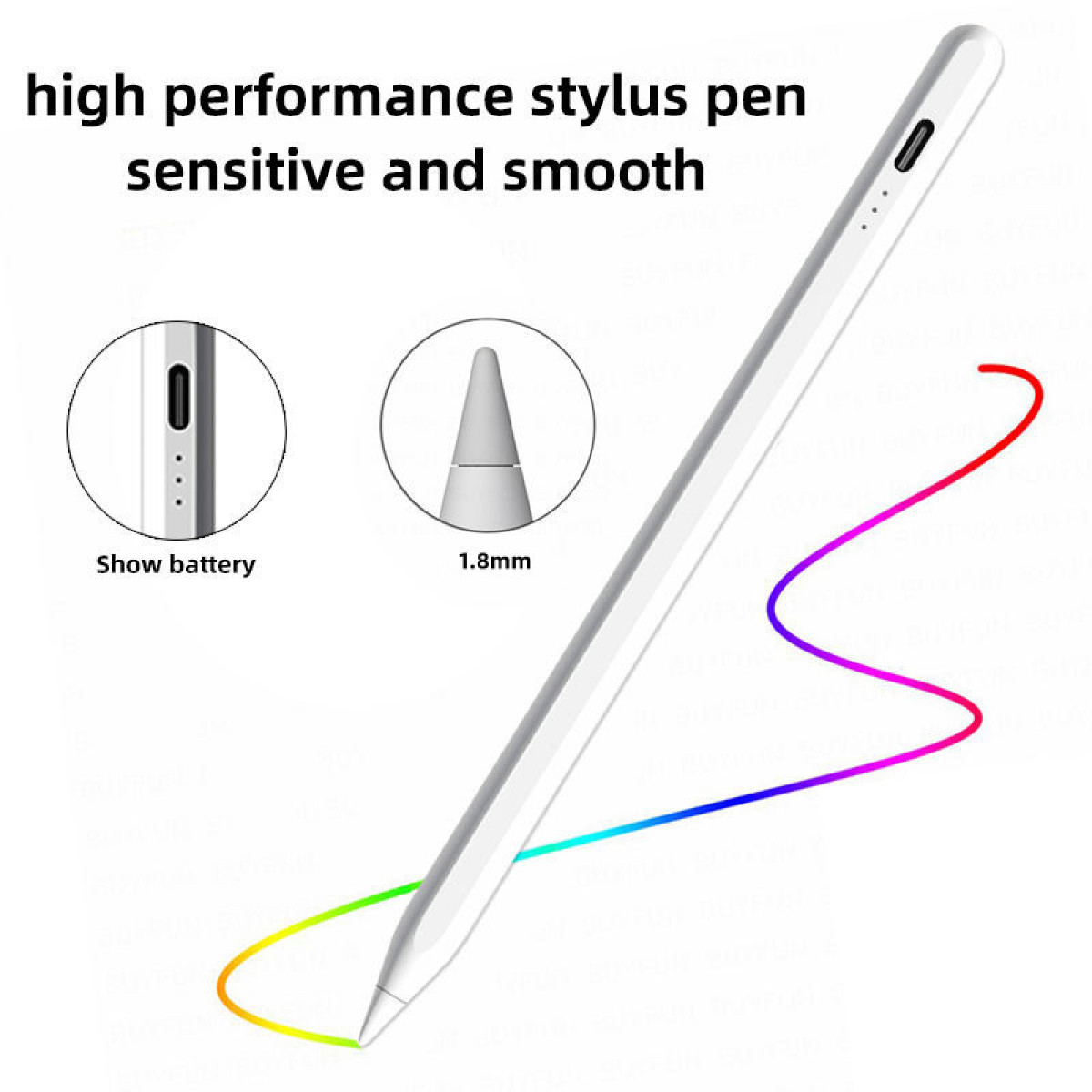 Biały rysik na białym tle, z tekstem i liniami. Tekst: 'wysokowydajny rysik, czuły i gładki'.