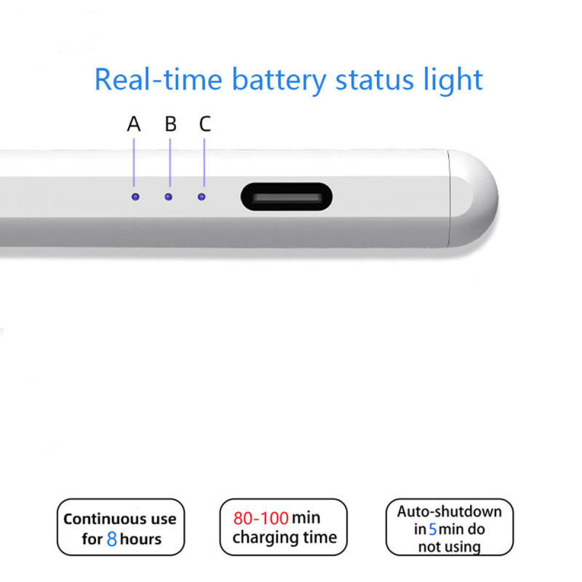 Biały rysik pokazujący kontrolki stanu baterii i szczegóły użytkowania. Białe tło.