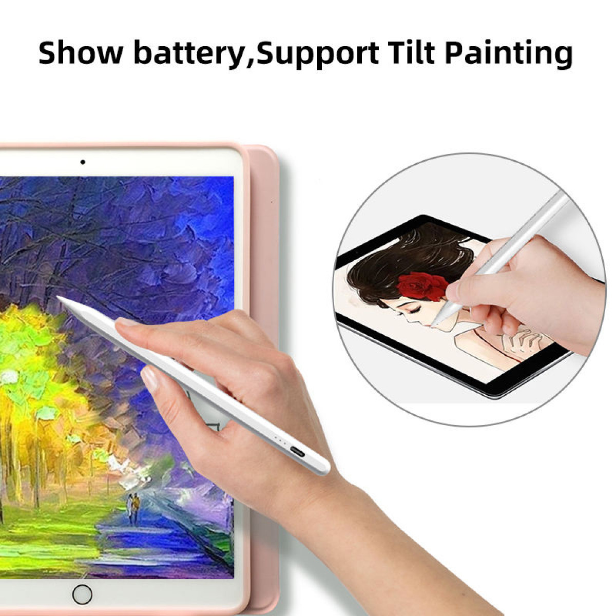 Ręka trzymająca białe pióro nad iPadem, z rysunkiem na ekranie.