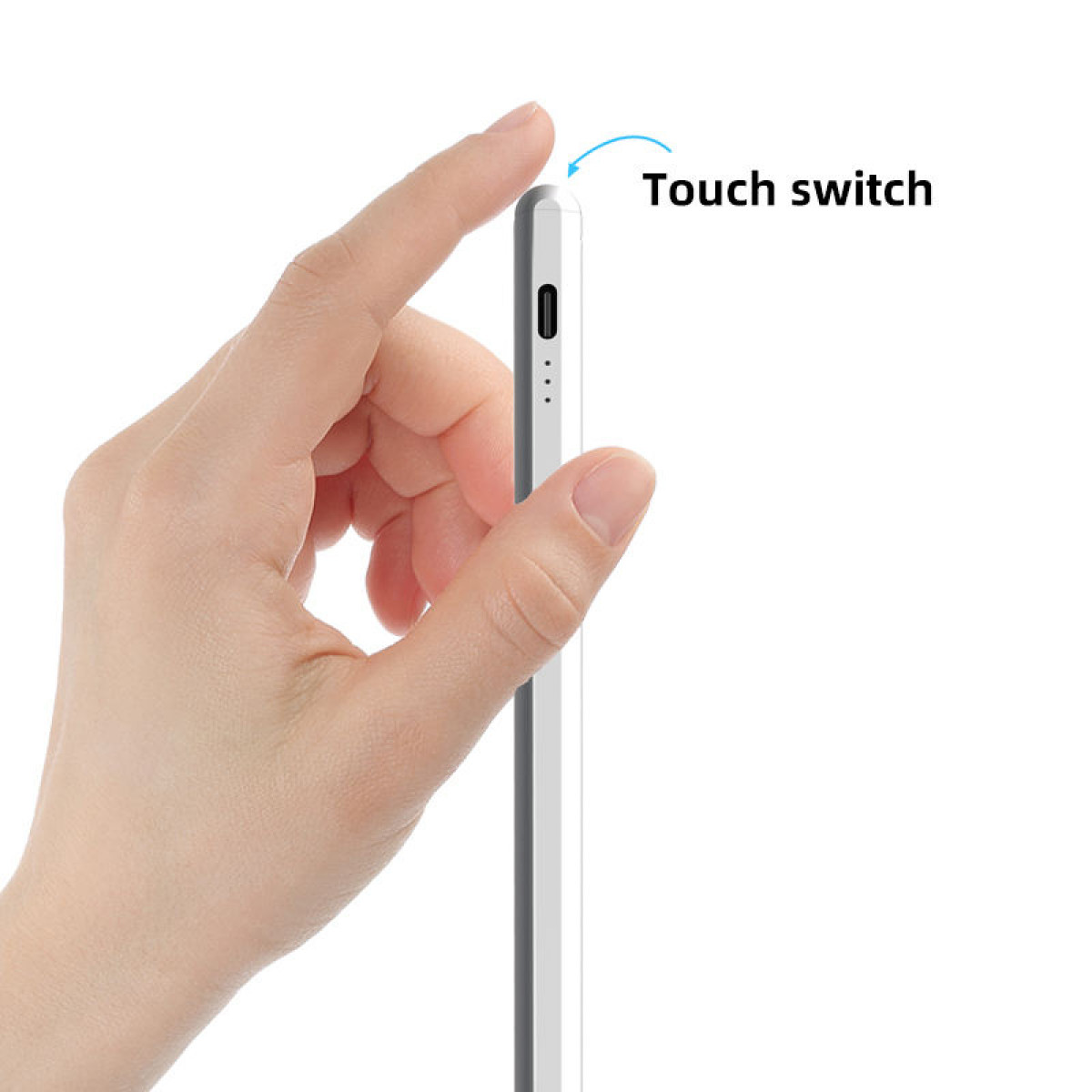 Dłoń wskazująca na bok telefonu, z tekstem 'Touch switch'.