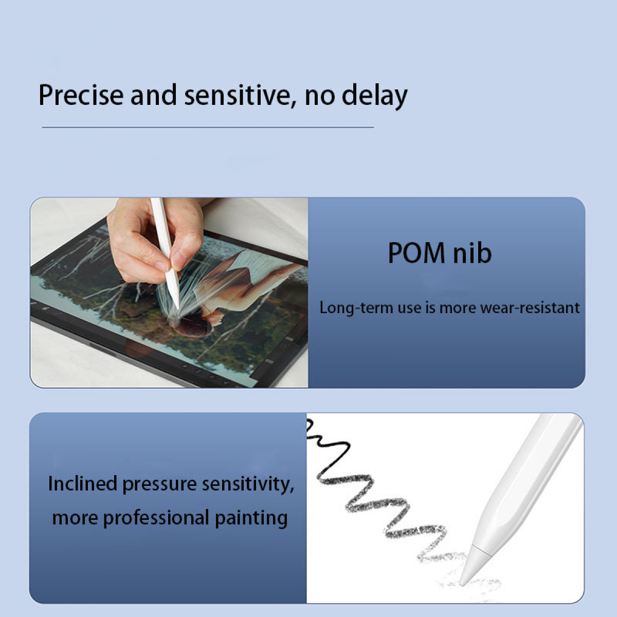 Pokazany jest iPad z rysikiem, obok tekstu o funkcjach rysika i zbliżeniu jego końcówki.