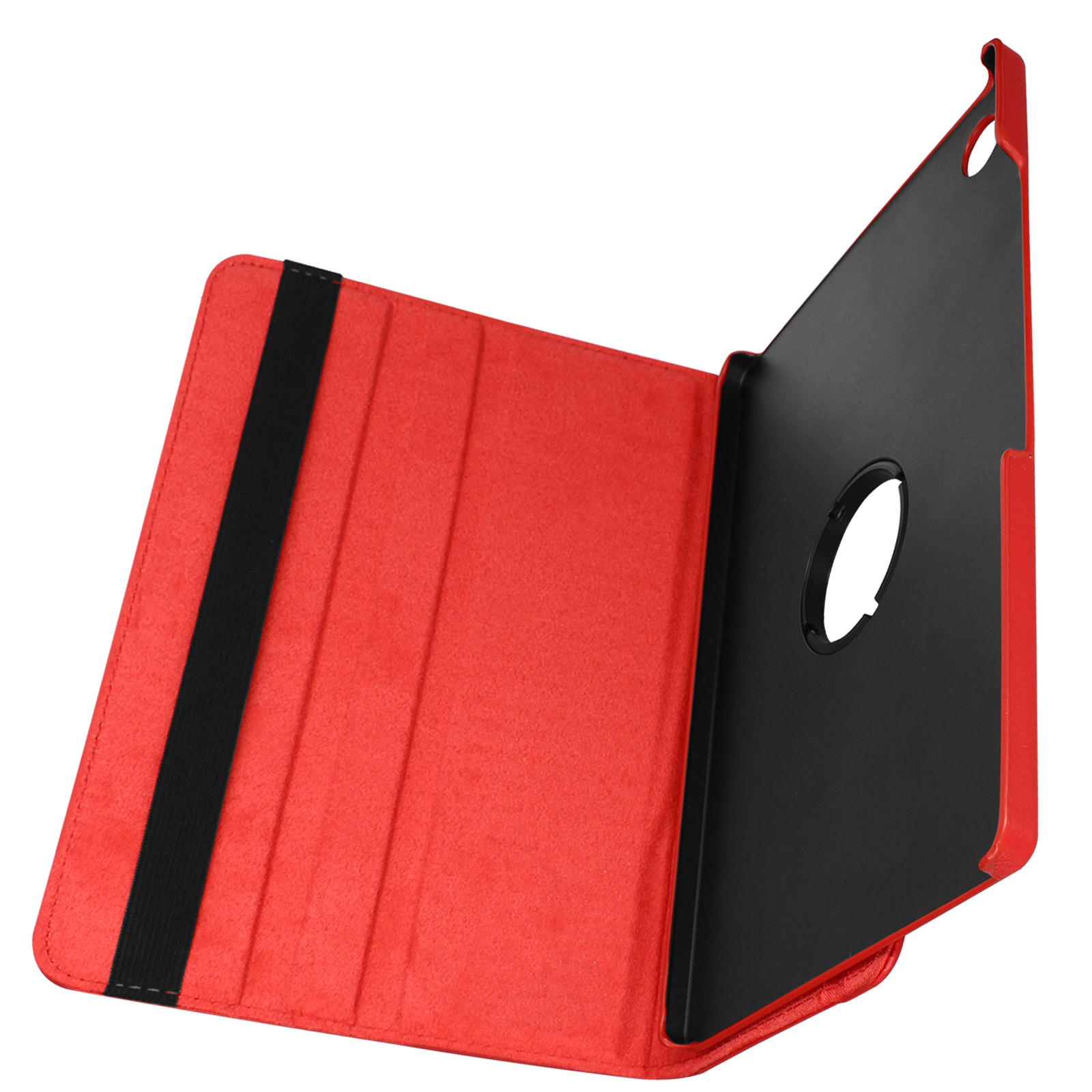 Custodia per tablet rossa aperta. Mostra il supporto per tablet. Interno nero. Sfondo bianco.