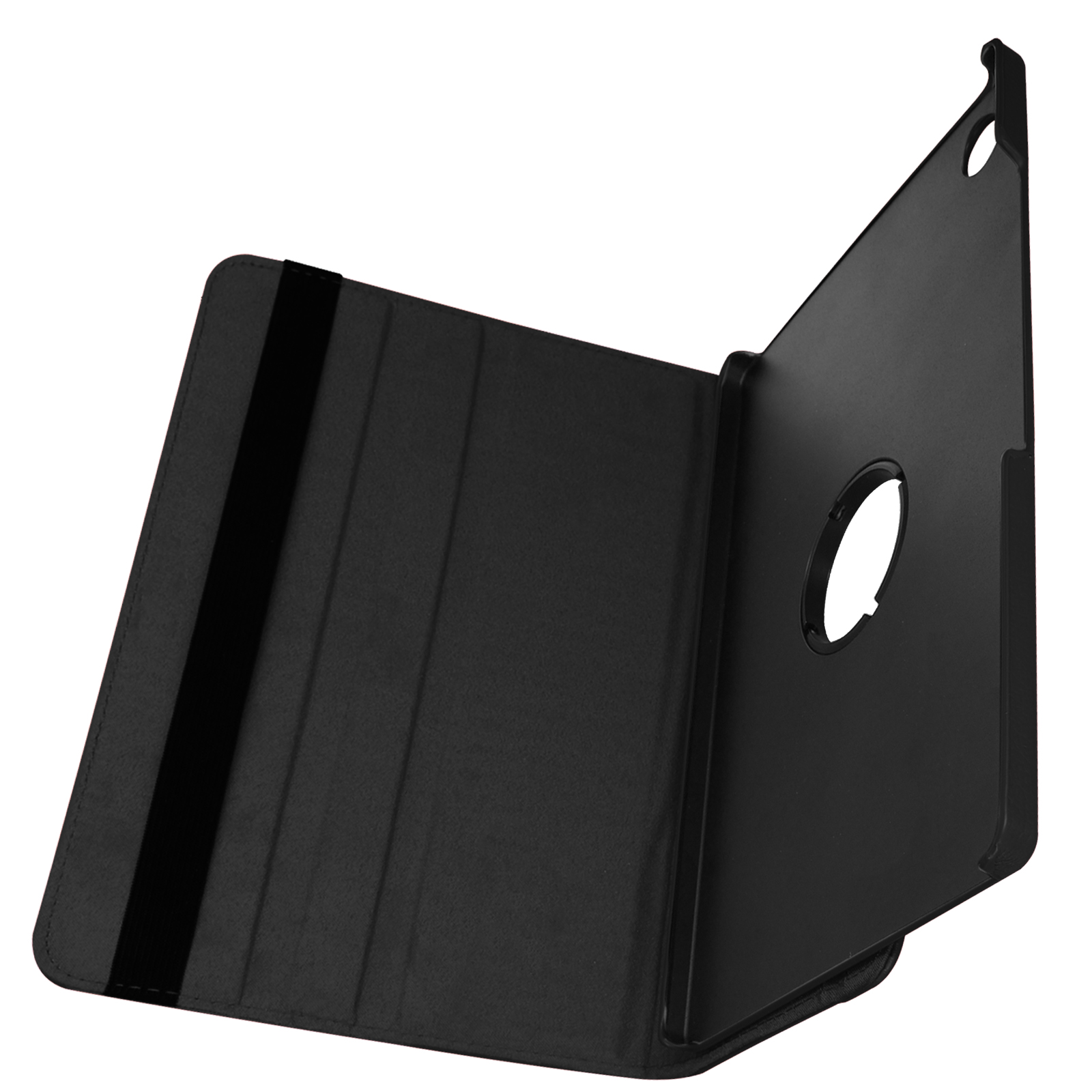 Una custodia nera per tablet è aperta, con lo schermo del tablet rivolto verso l'alto. Ha una cinghia nera.