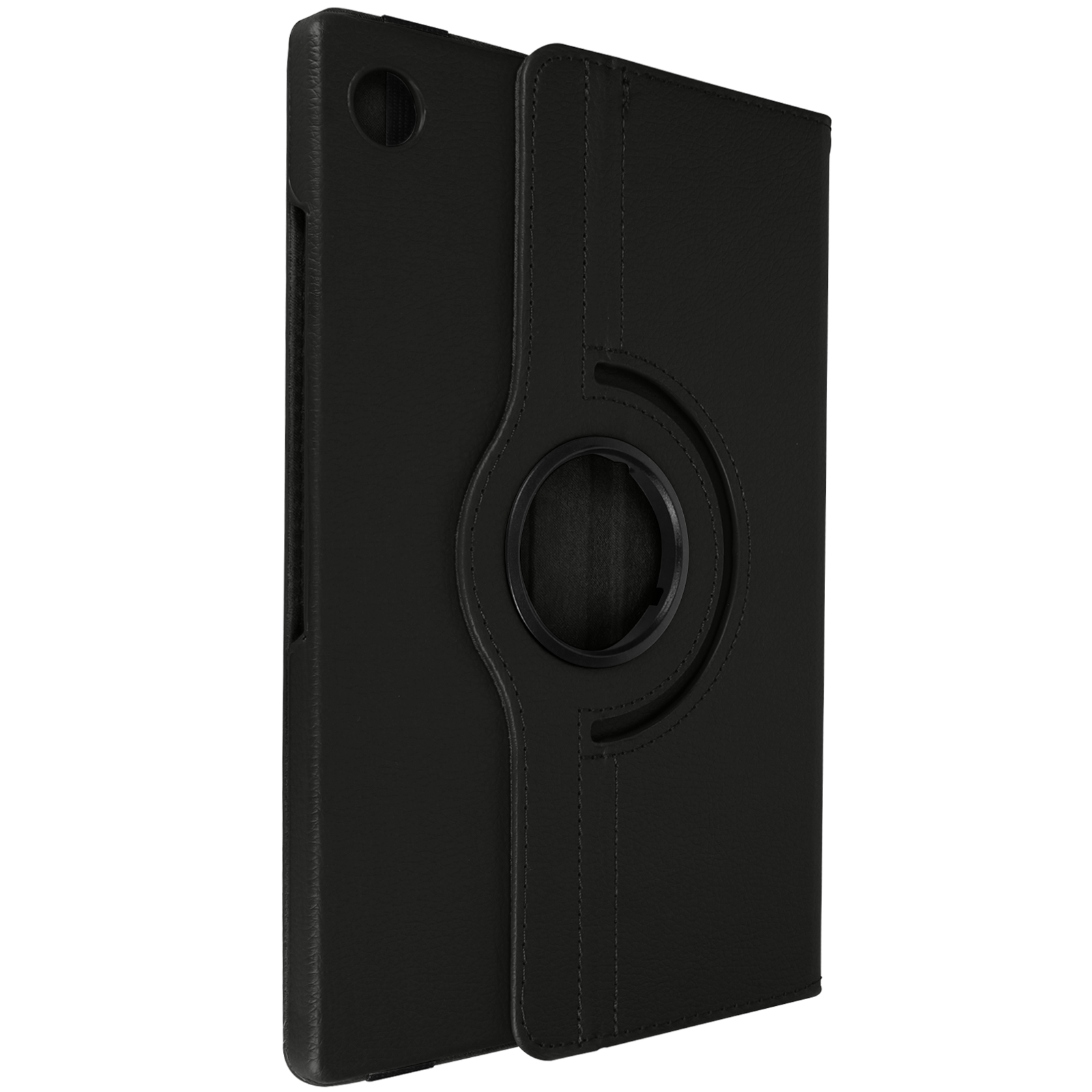 Custodia per tablet nera con anello rotante. Aperta, mostra il retro.