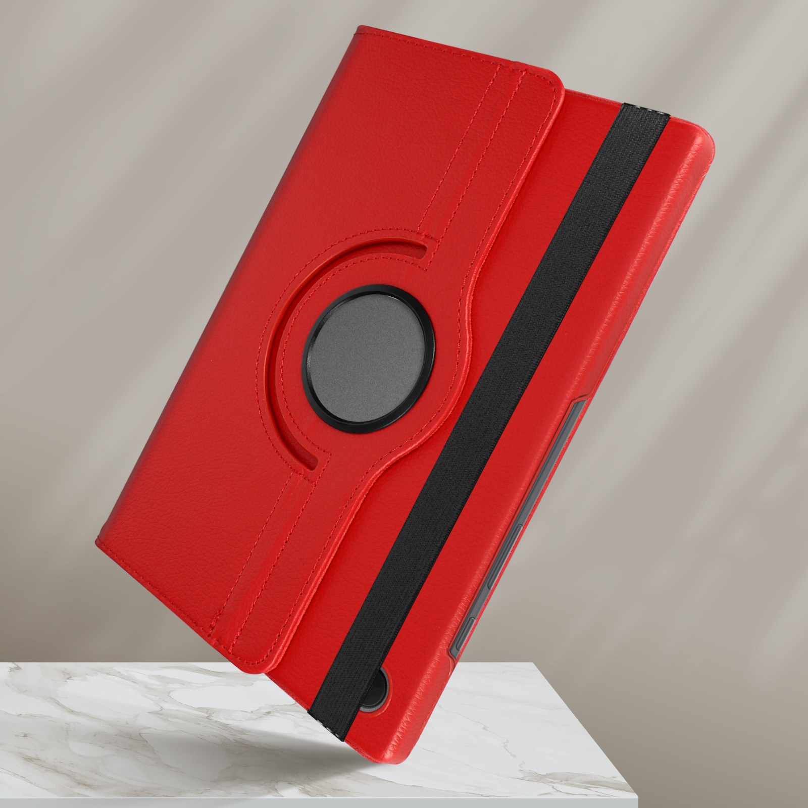 Custodia per tablet rossa. Una fascia elastica nera e un elemento circolare nero.