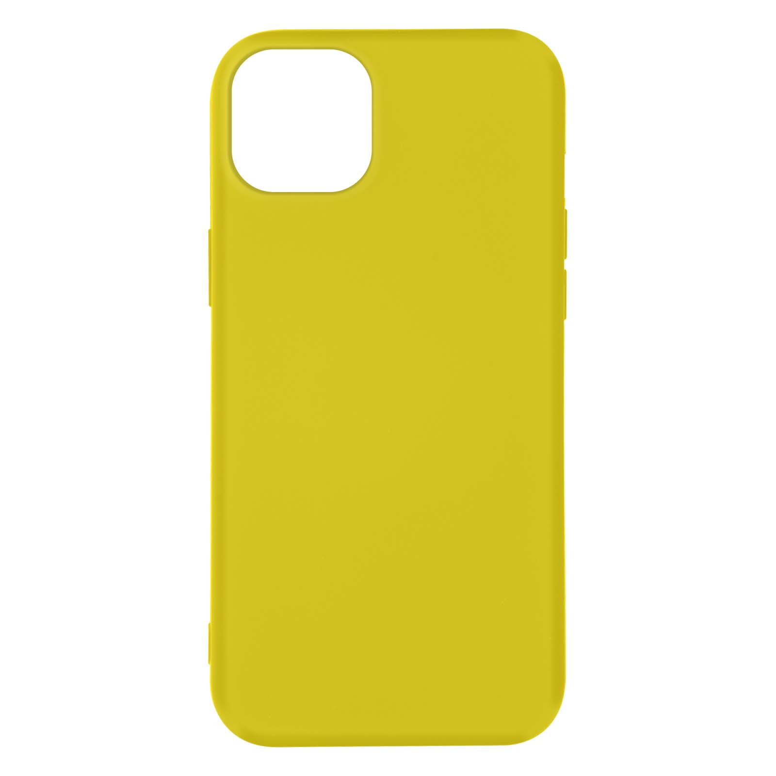 Gele telefoonhoes. De hoes is effen geel met uitsparingen voor camera en knoppen.