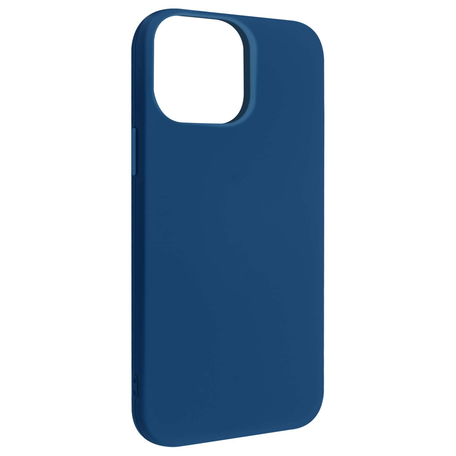 Une coque de téléphone bleu vif, avec une découpe pour l'appareil photo et des boutons latéraux.