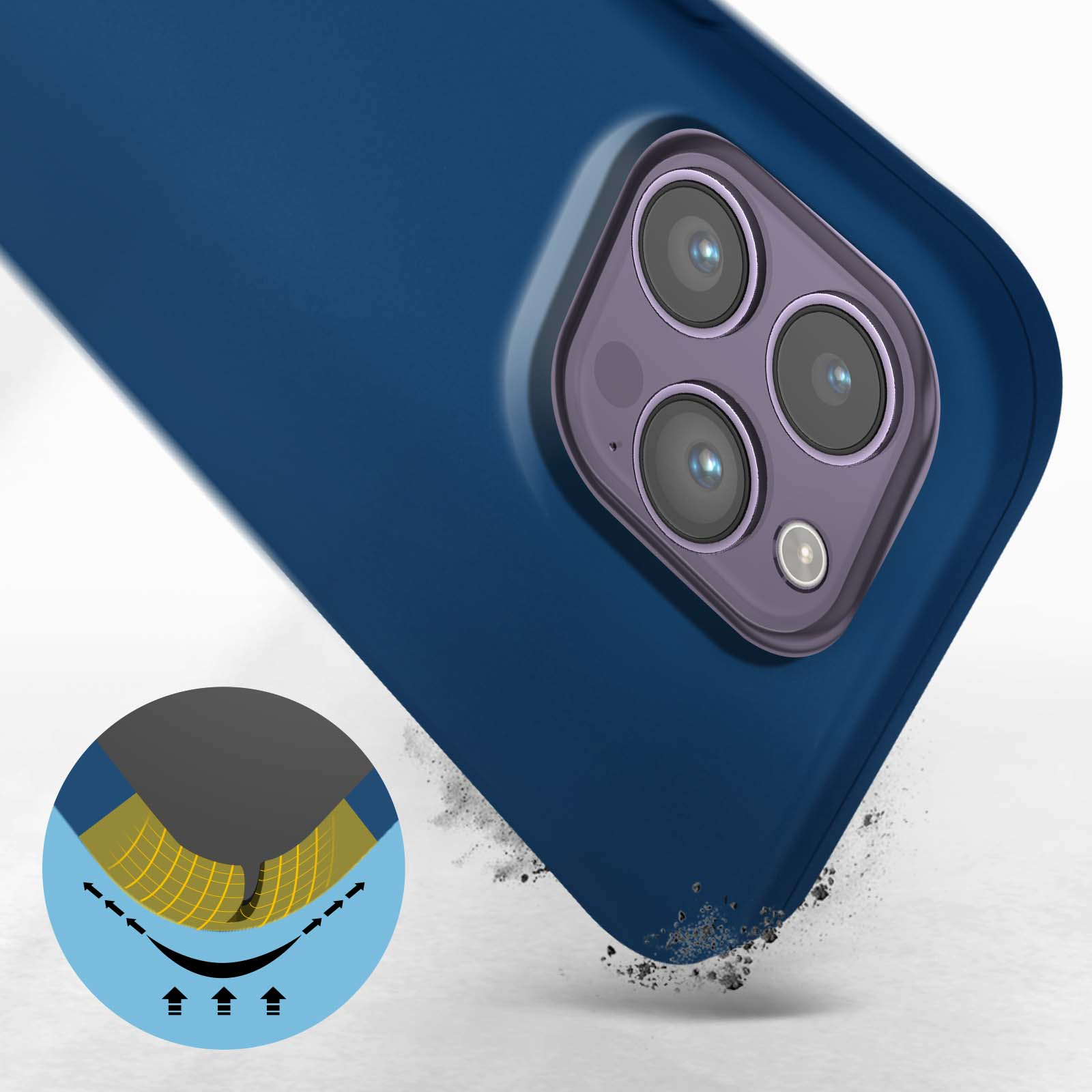 Une coque de téléphone bleue avec un téléphone à l'intérieur. L'étui a une section pour la caméra et un graphique de protection contre les chocs.