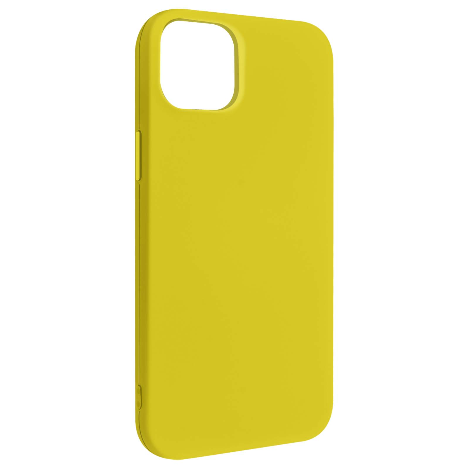 Gele telefoonhoes. Het heeft een uitsparing voor de camera en zijknoppen. Het is een effen kleur.