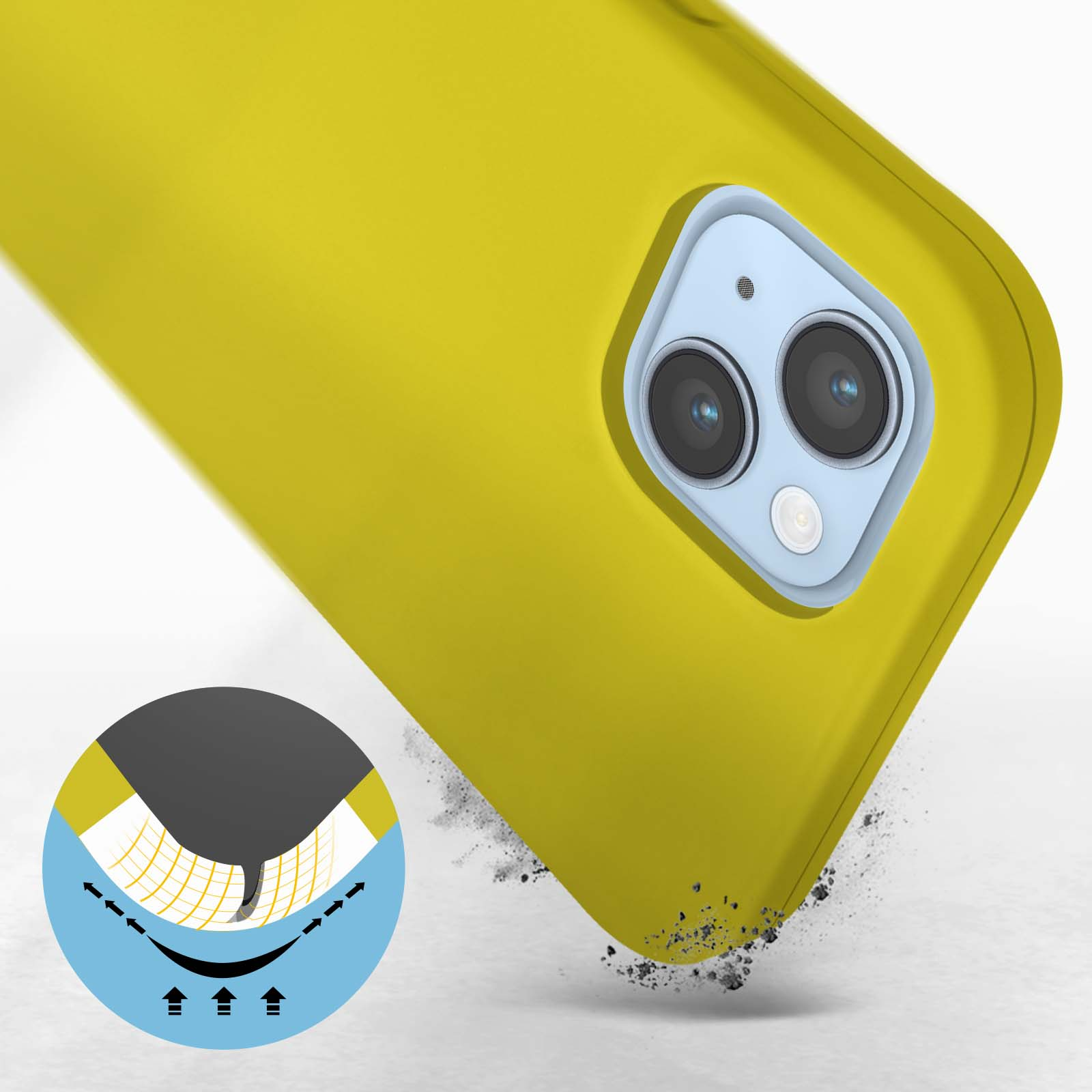 Close-up van een gele telefoonhoes met uitsparing voor dubbele cameralens.