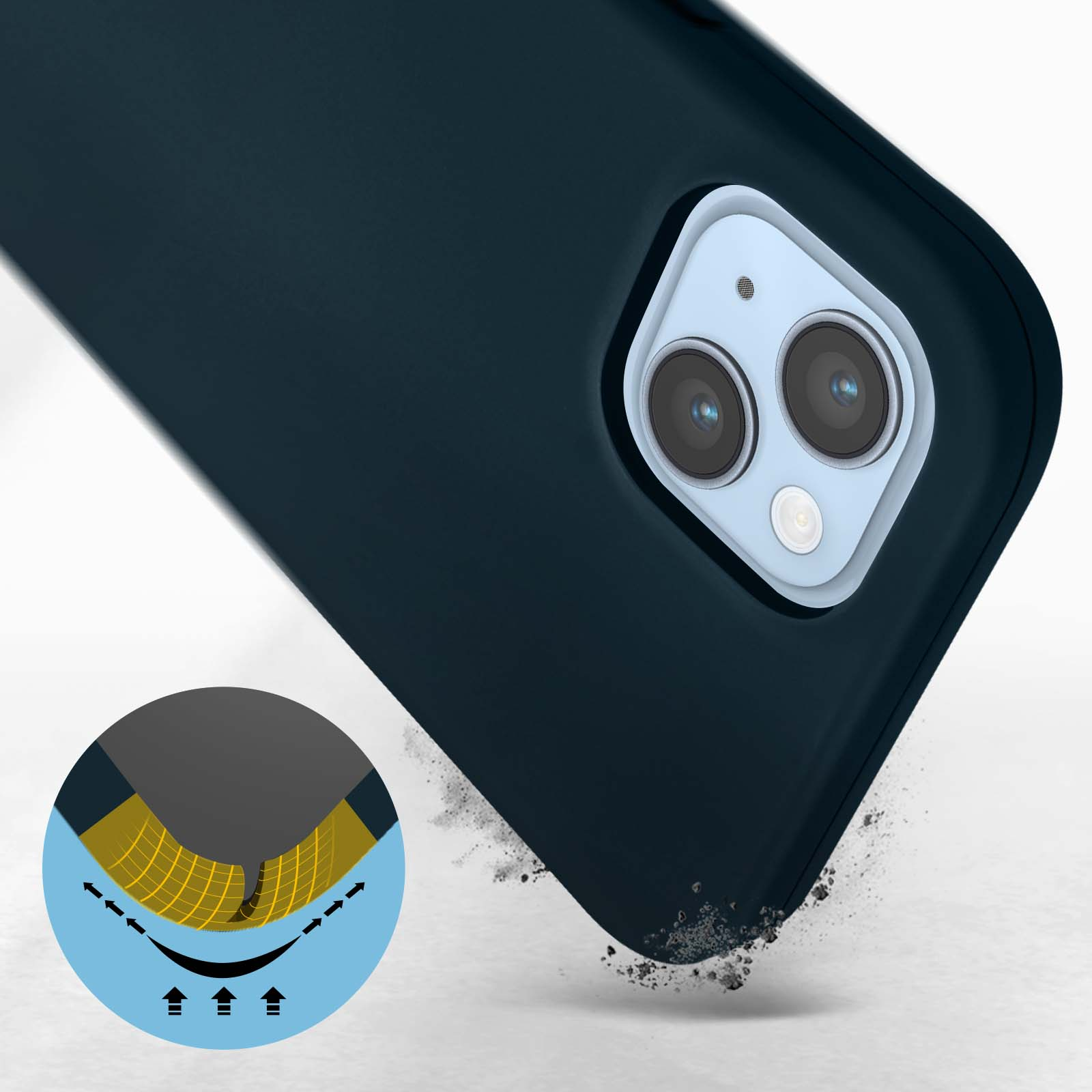 Custodia blu per telefono con ritaglio per fotocamera. Il telefono è su una superficie bianca. Il retro è visibile.