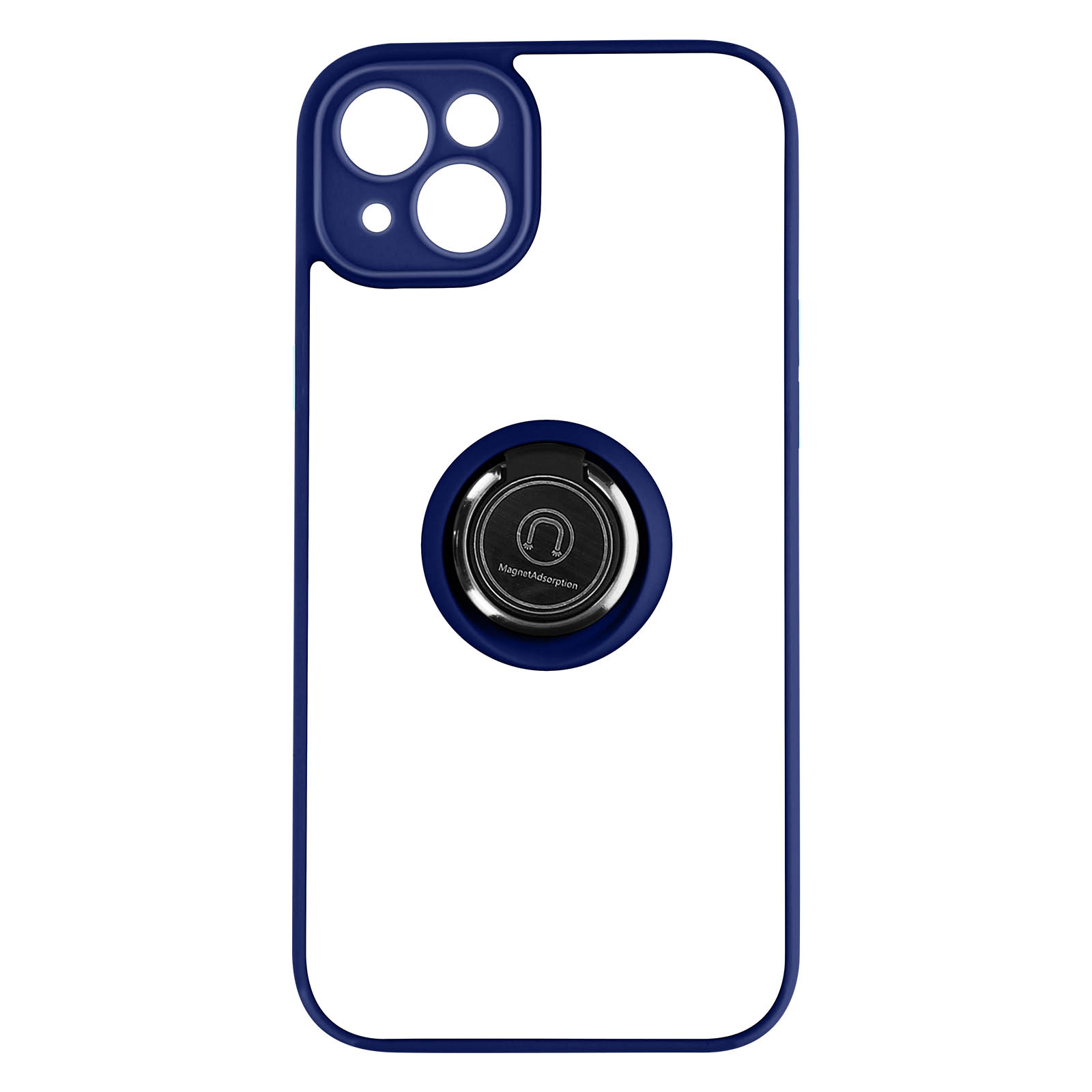Witte telefoonhoes met donkerblauw frame, een ringhouder en een donkerblauwe cameraring.
