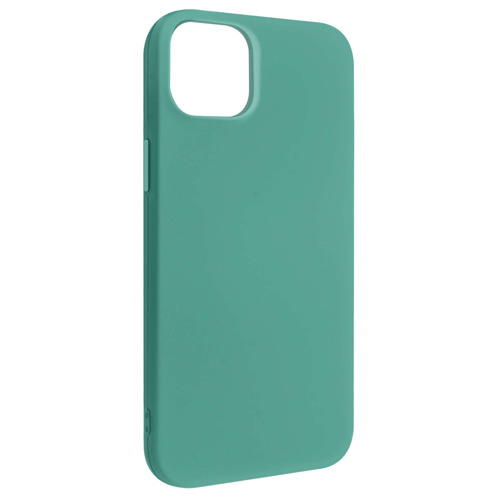 Een effen, blauwgroene telefoonhoes. Het heeft een uitsparing voor de camera en knoppen aan de zijkant.