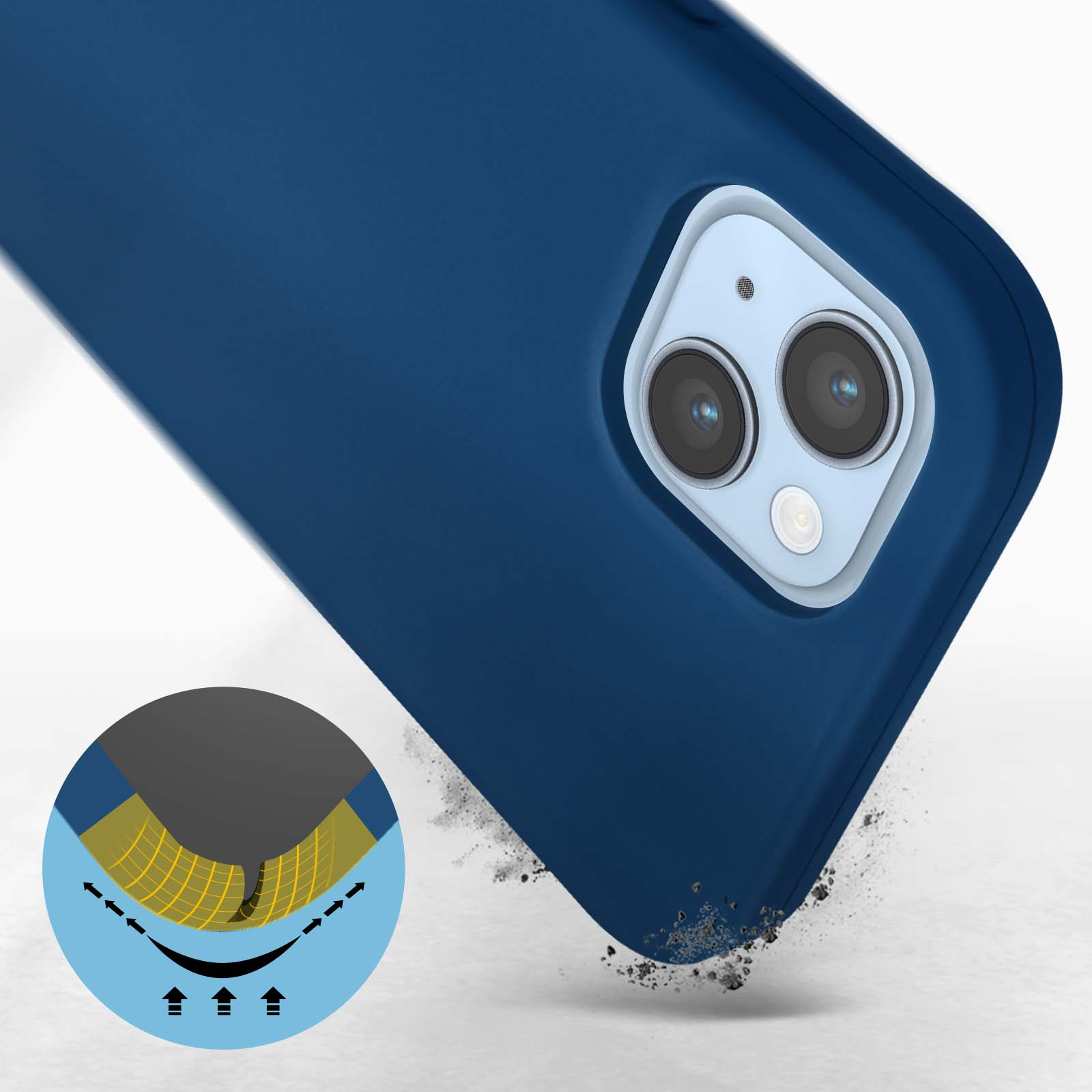 Coque de téléphone bleue avec un détail circulaire dans le coin inférieur, flèches indiquant la protection.
