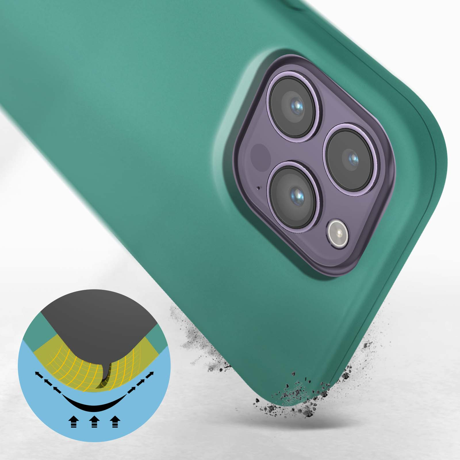 Coque de téléphone verte avec lentilles de caméra. Diagramme de résistance aux chocs.