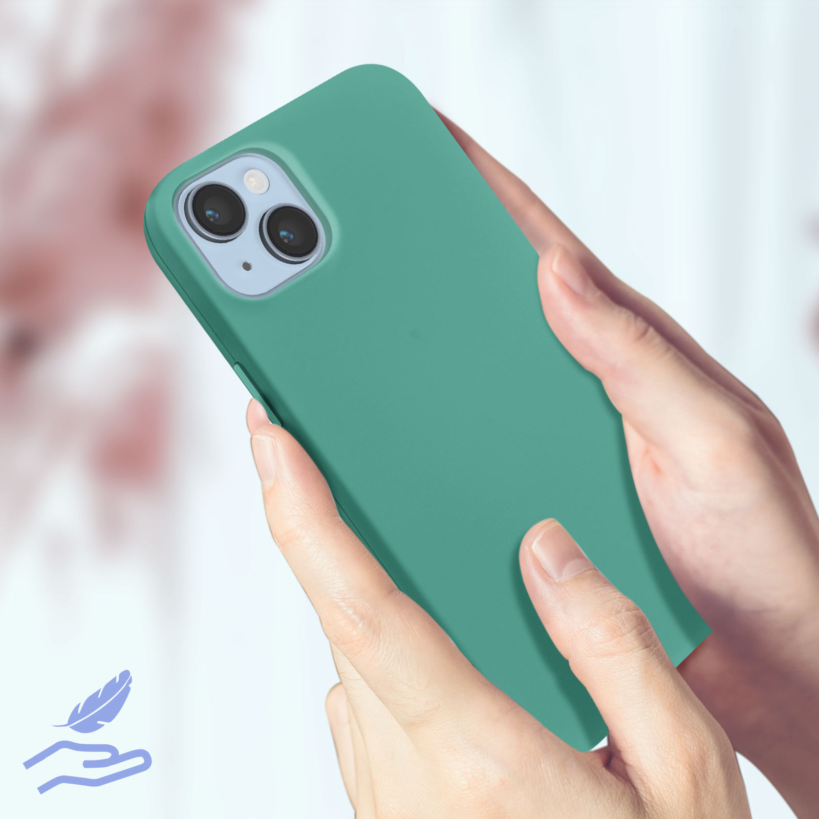 Een turquoise telefoonhoes wordt in handen gehouden, met een veerkrachtlogo, tegen een vage achtergrond.