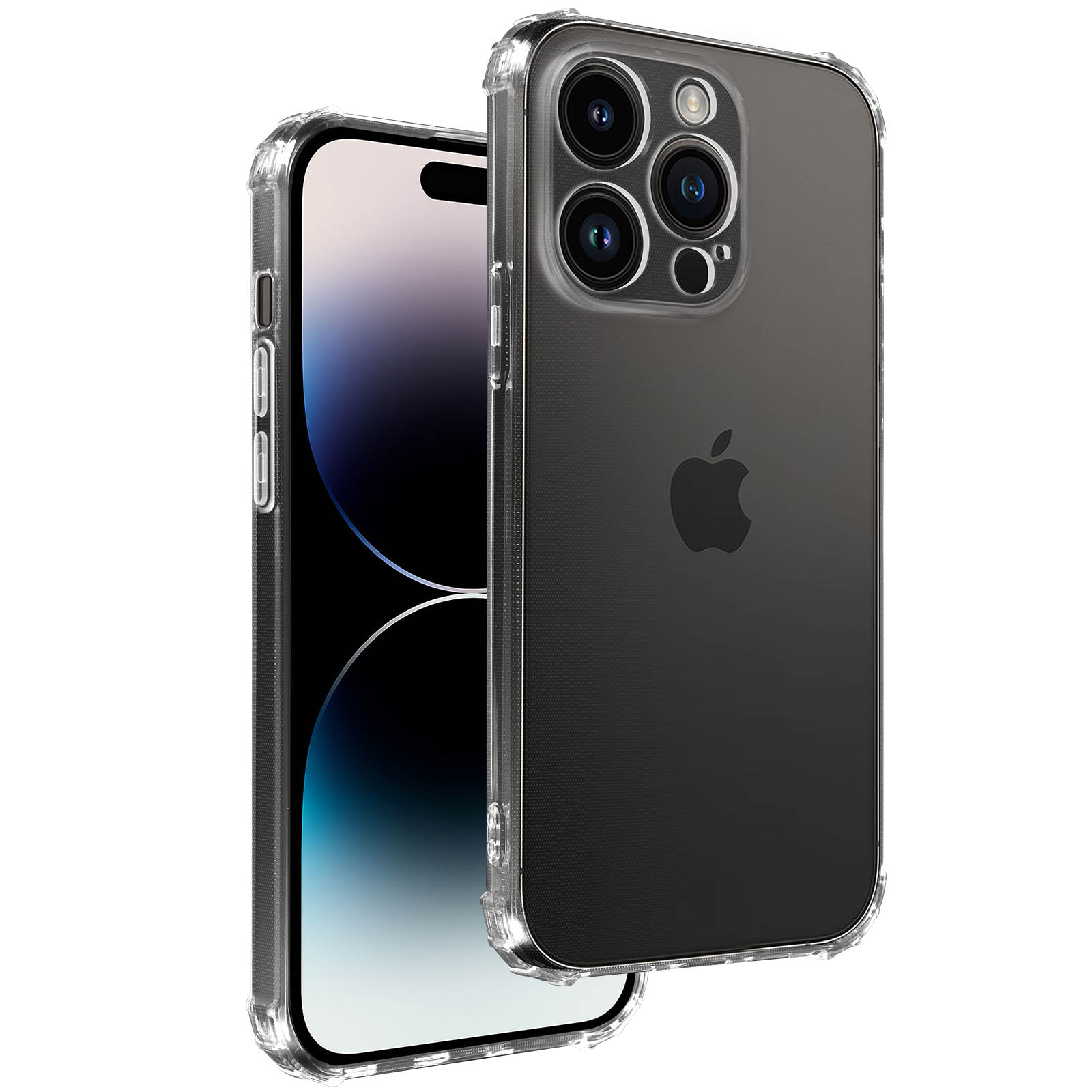 Eine transparente Handyhülle auf einem Telefon, die Kameralinsen zeigt.