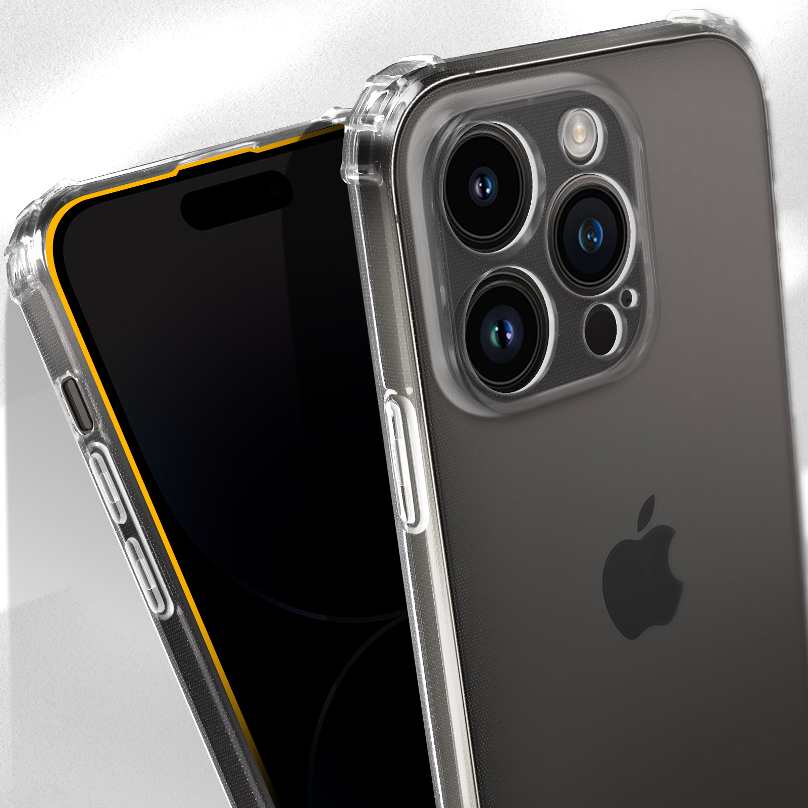 Eine transparente Handyhülle auf einem iPhone. Die Hülle hat einen gelben Rahmen und bedeckt die Kamera.
