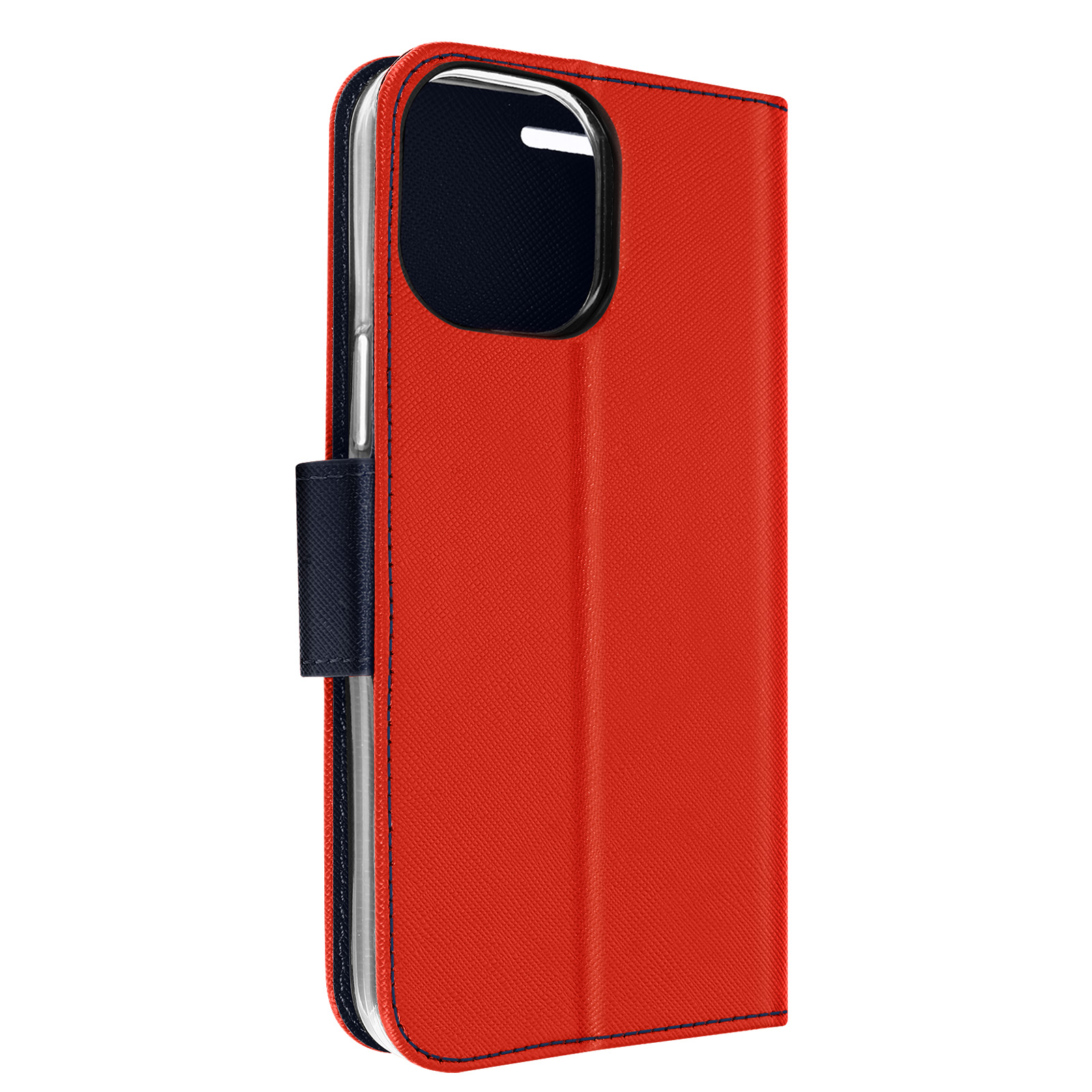 Una custodia per telefono rossa, con interno blu, con un telefono dentro.