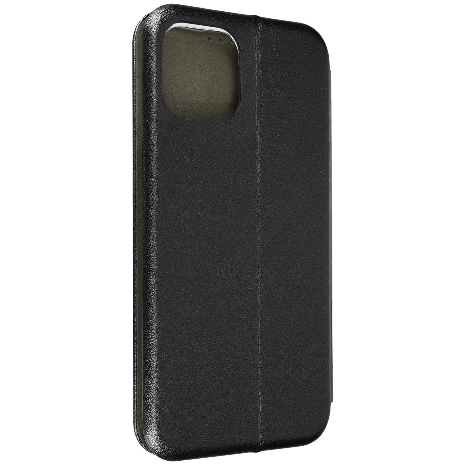 Custodia del telefono nera, chiusa, che mostra il retro e l'intaglio della fotocamera su sfondo bianco.