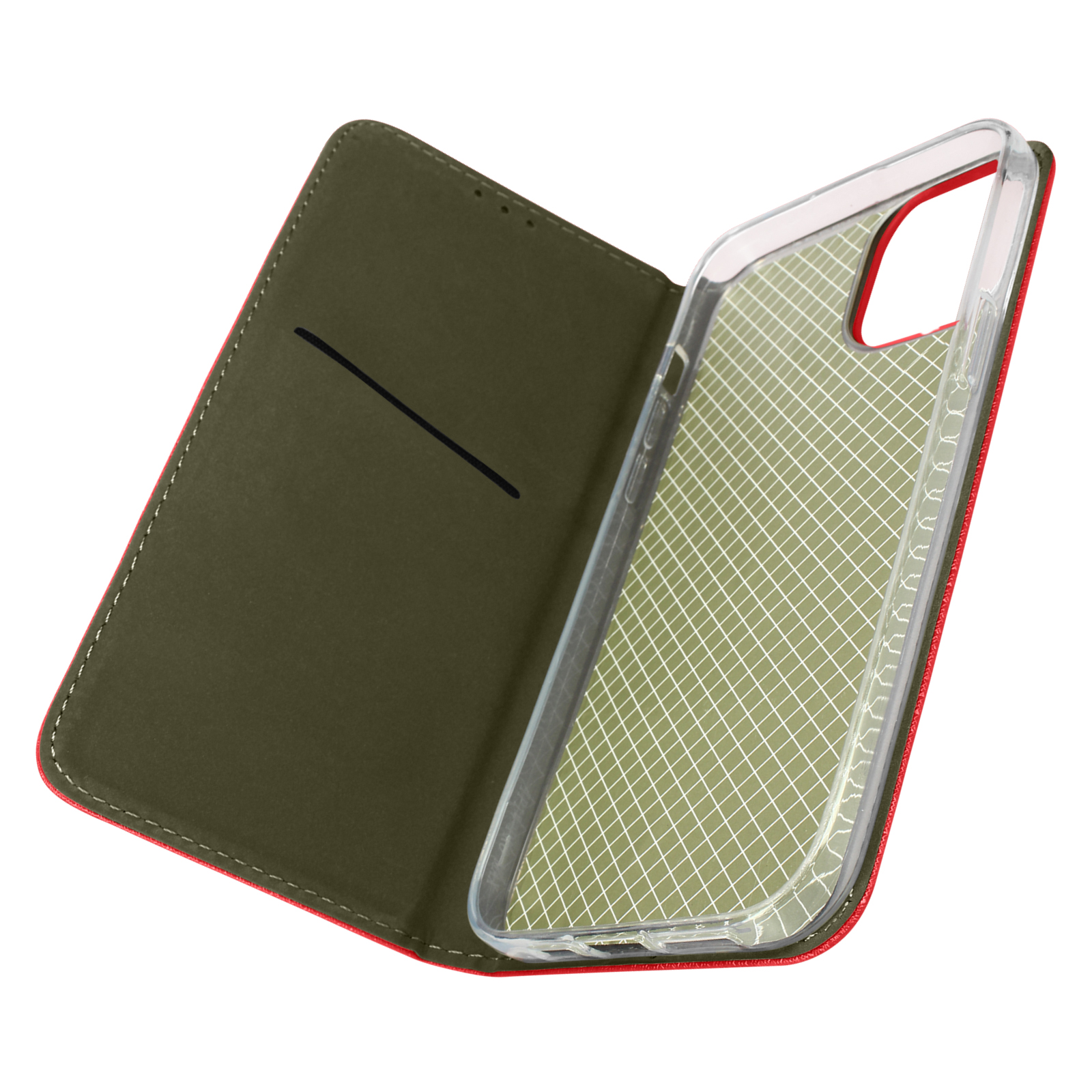 Custodia del telefono aperta, che mostra il telefono all'interno. La custodia è rossa e verde.