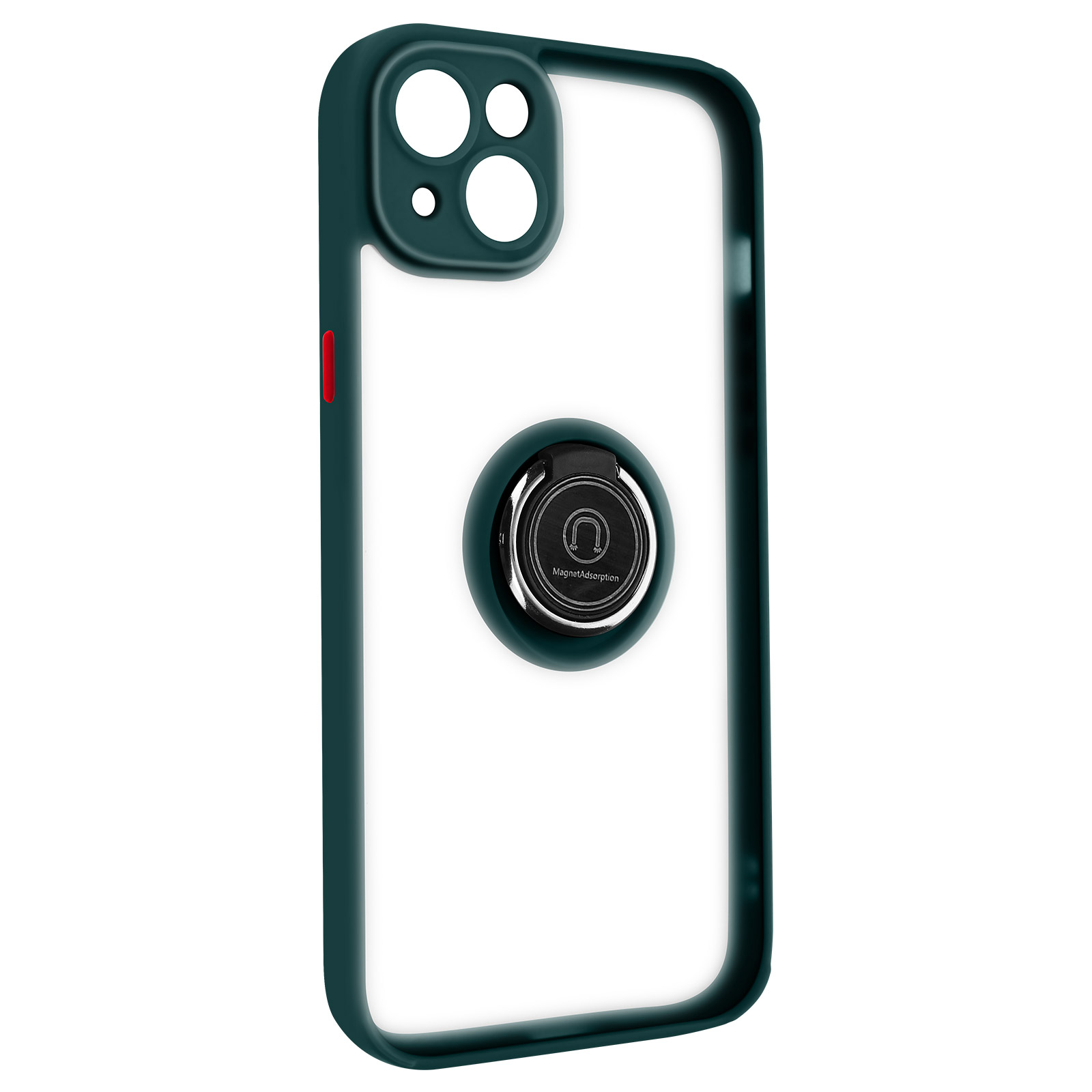 Telefoonhoesje met een groen frame, transparante achterkant en een ringhouder.