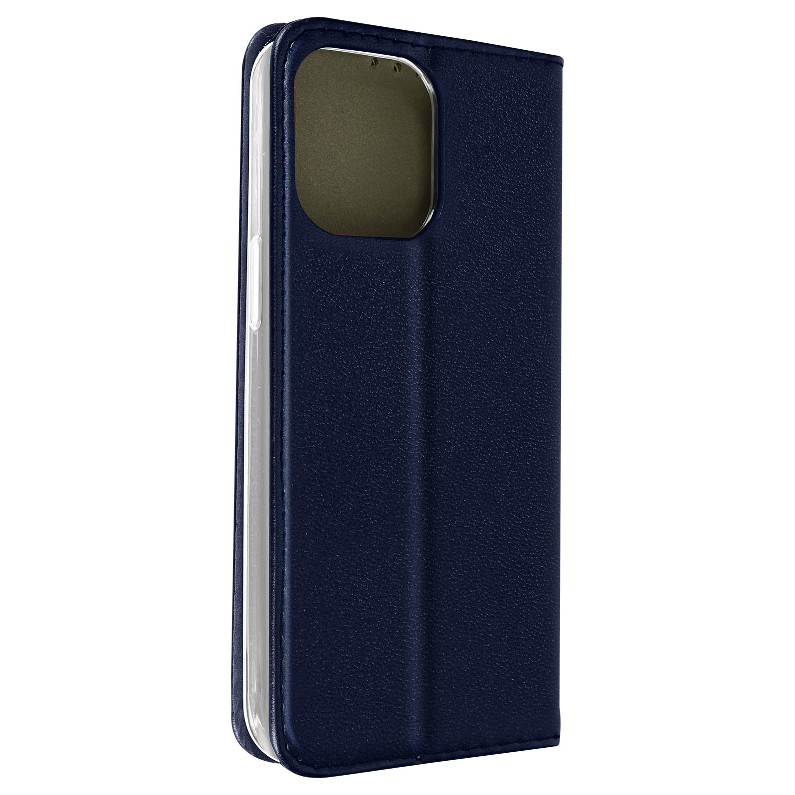 Custodia per telefono blu scuro chiusa, che mostra il lato. La custodia è liscia e ha un ritaglio per la fotocamera.