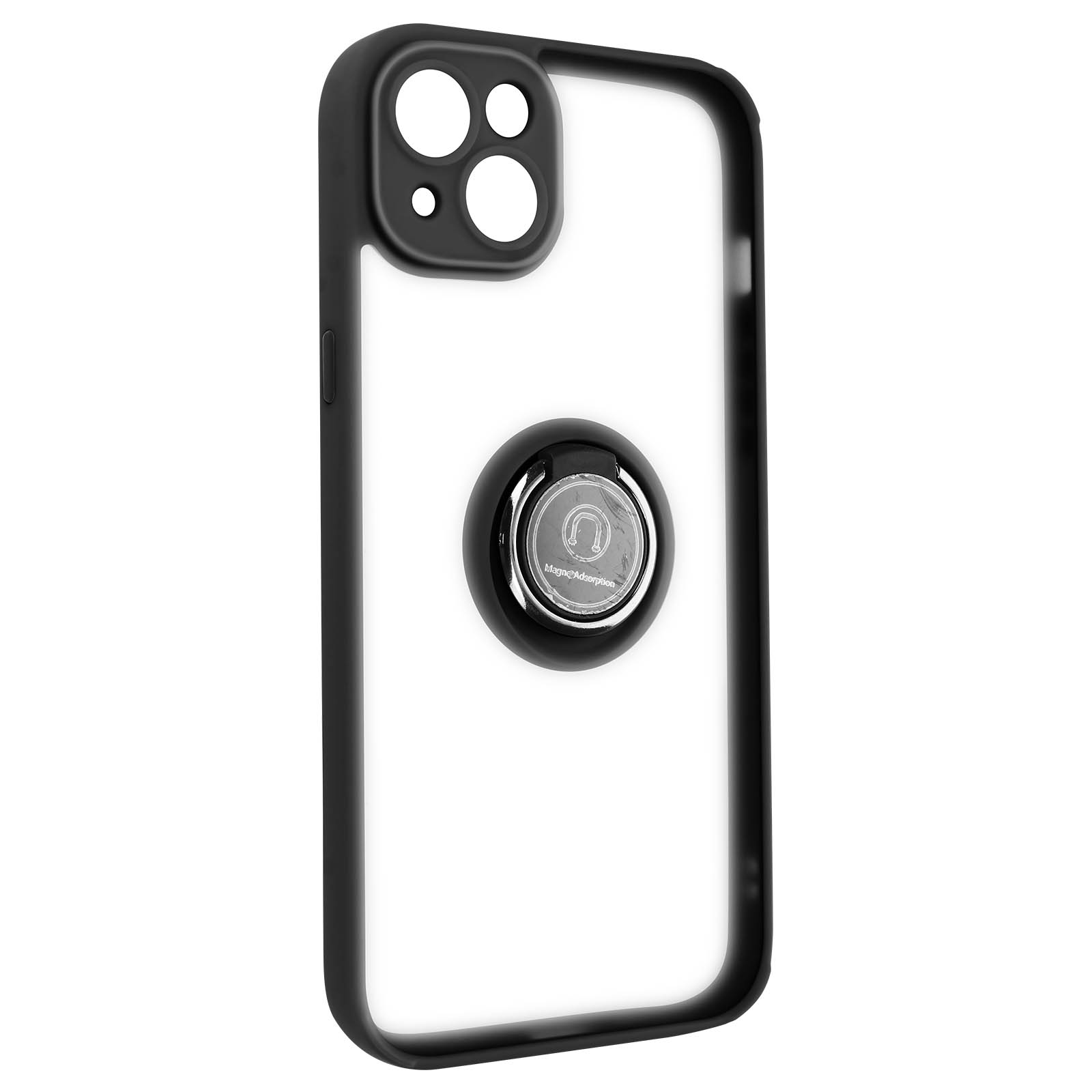 Coque iPhone noire avec un support d'anneau. La coque est transparente. Fond blanc.