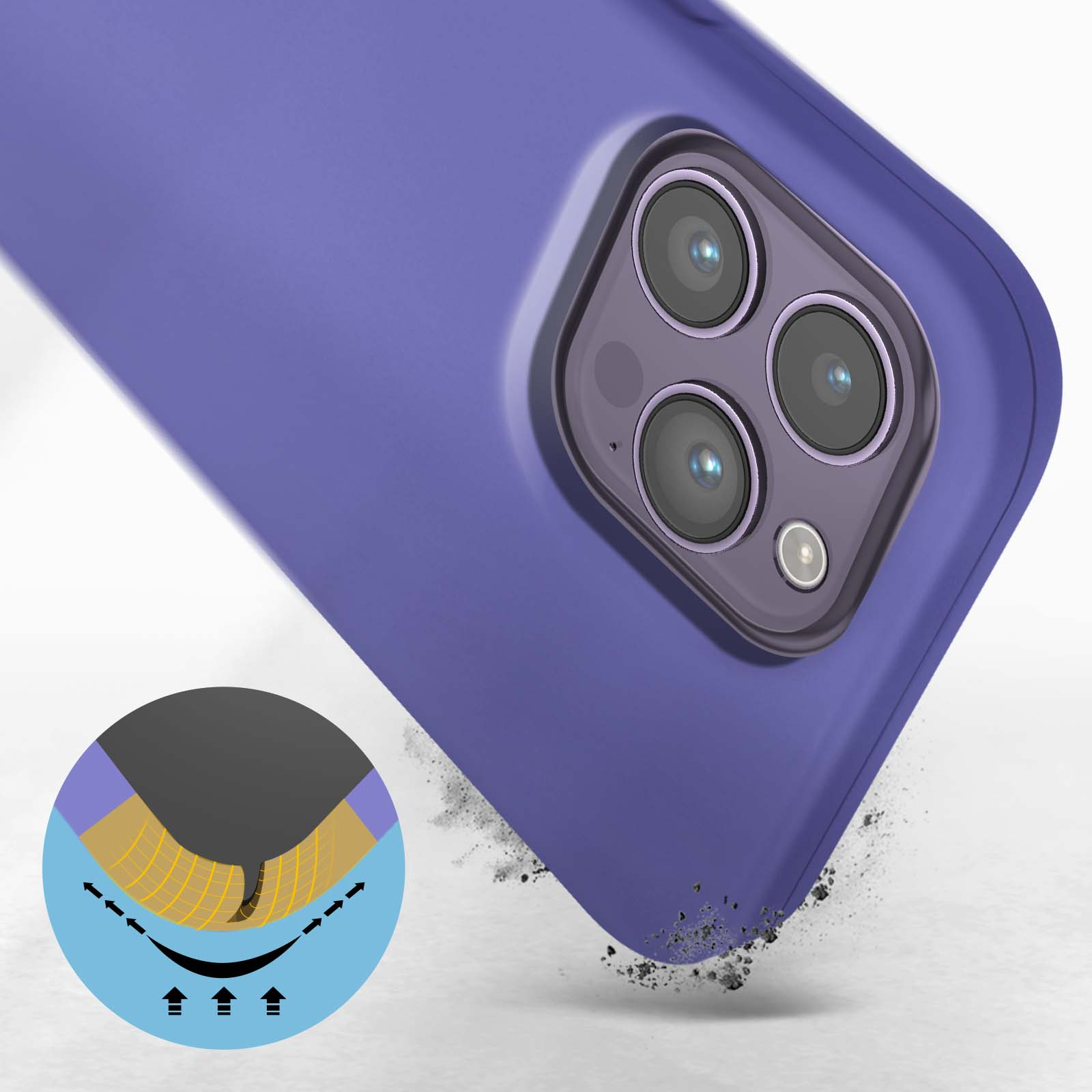 Une coque de téléphone violette avec un module caméra détaillé et une vue rapprochée de sa structure interne.