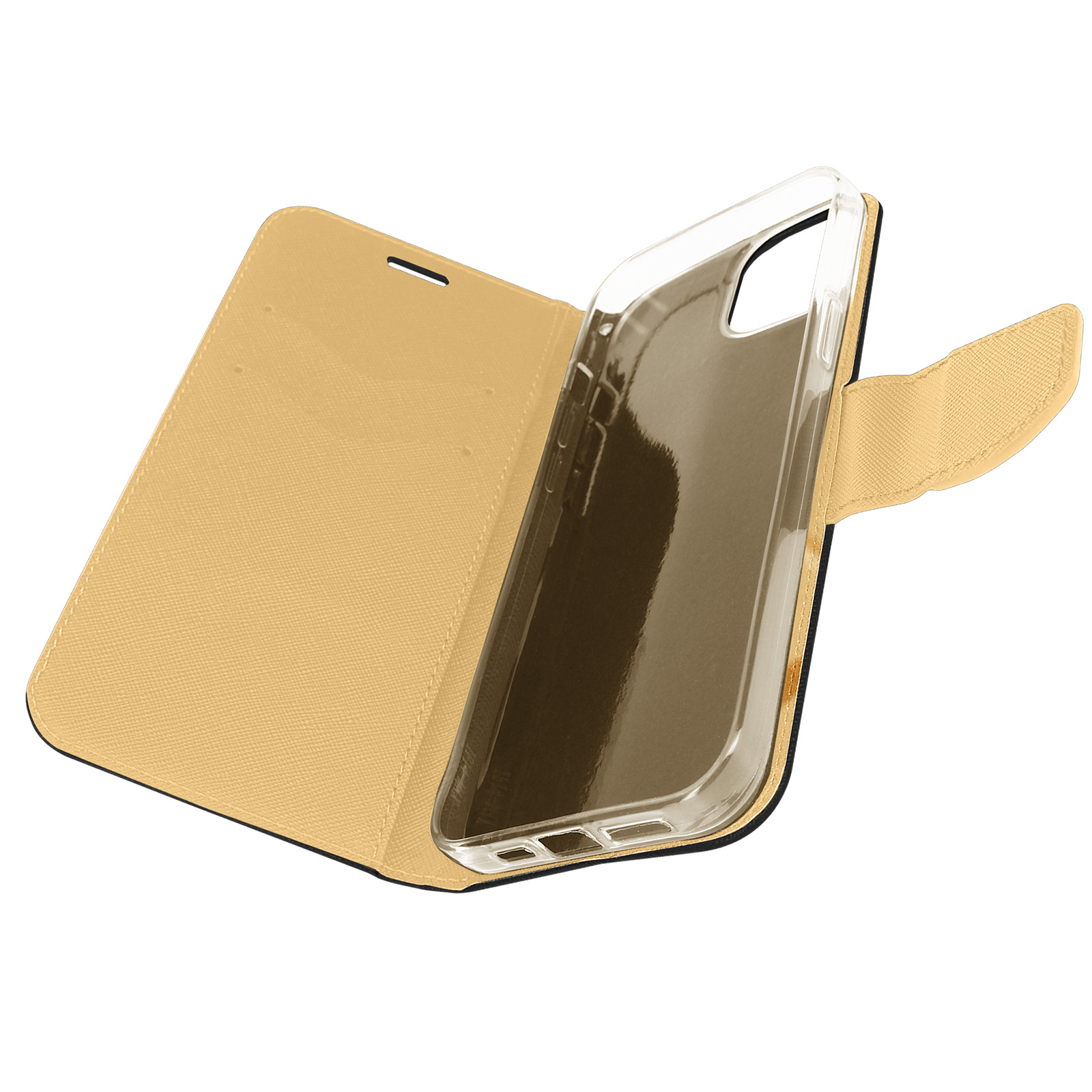 Custodia per telefono beige, aperta, che mostra il supporto del telefono e la copertura.