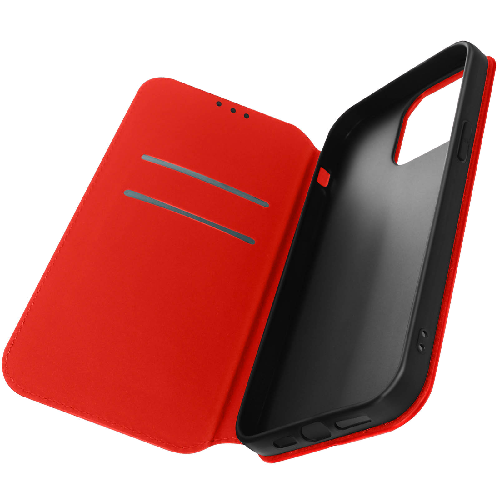 Un étui de téléphone rouge ouvert révélant un intérieur noir. Fond blanc.