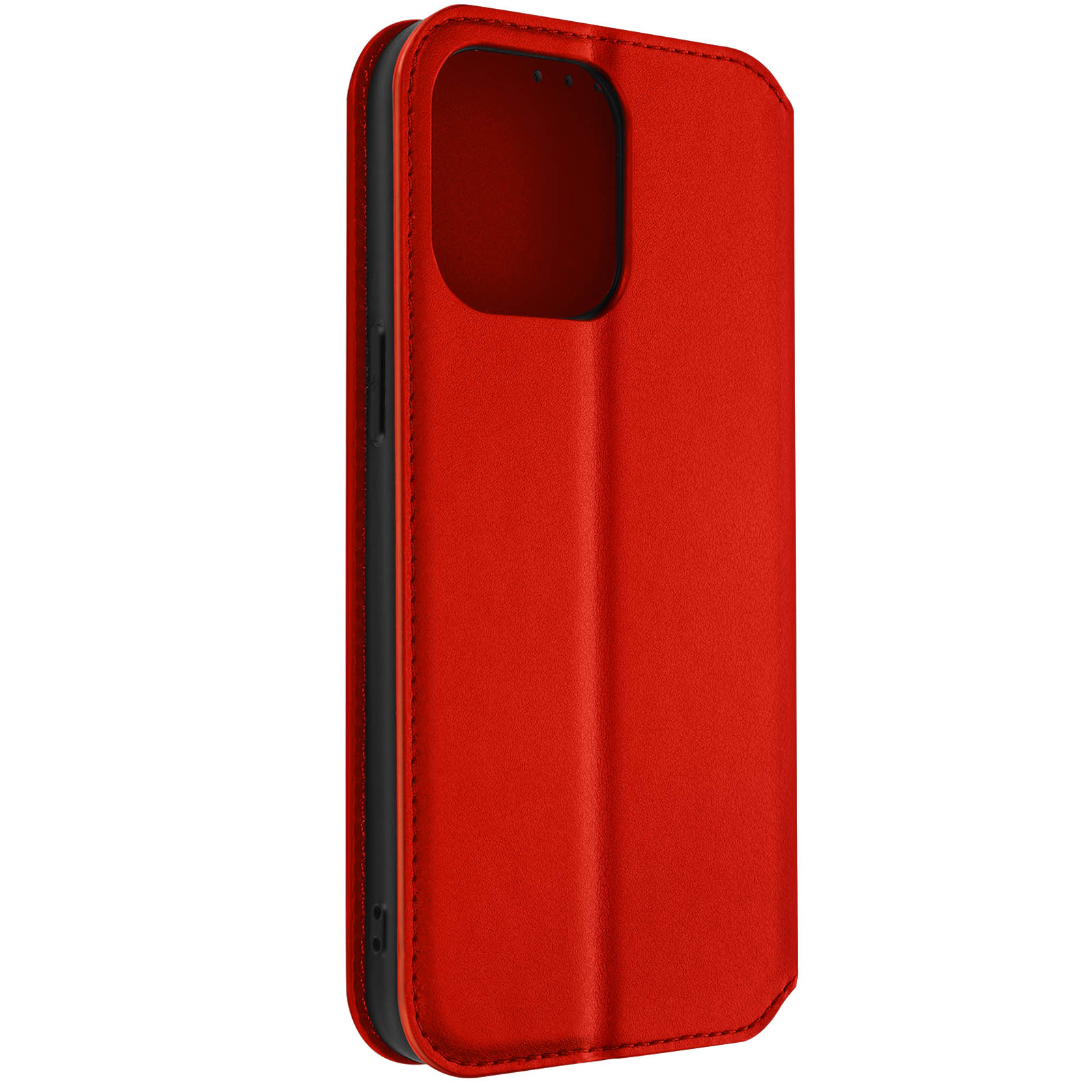 Étui de téléphone rouge, fermé. Montre les détails des bords. Texture simple, semblable au cuir.