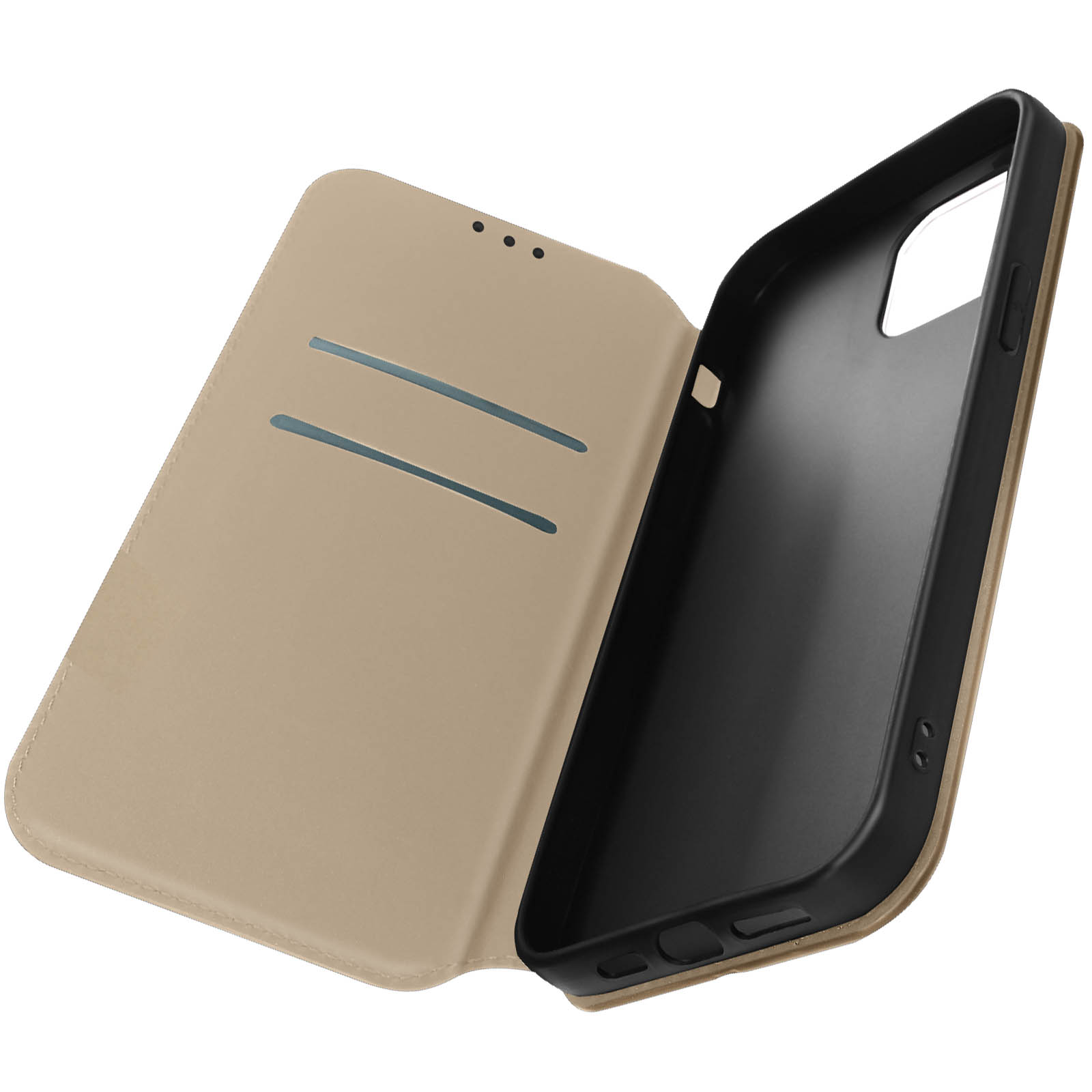 Telefoonhoes, open. Lichtbruin exterieur, zwart interieur. Toont kaartsleuven en telefoonhouder.