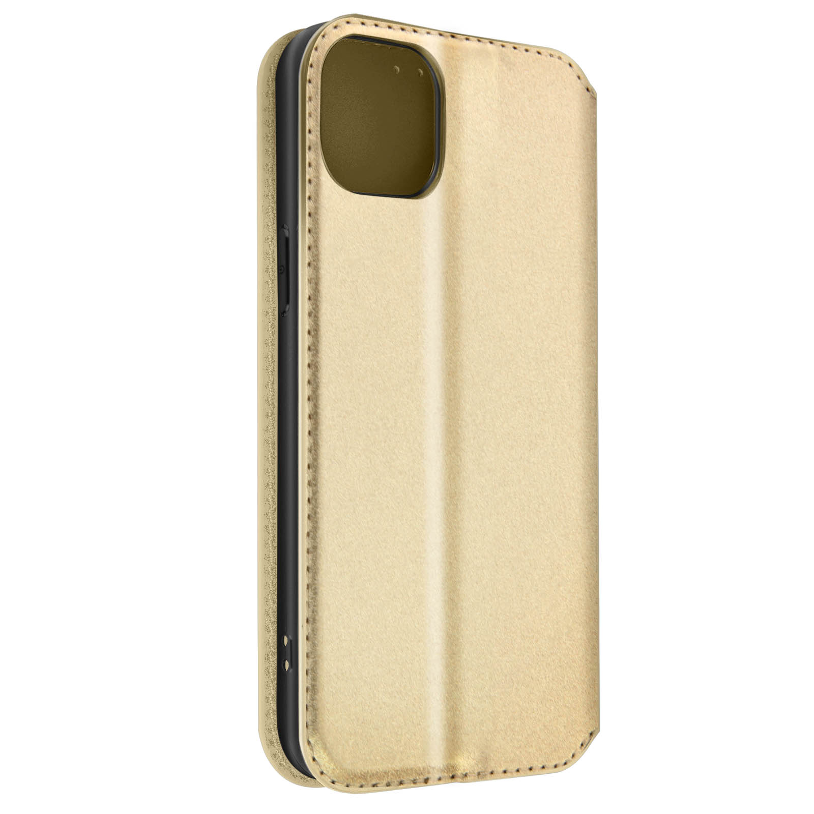 Gouden telefoonhoes, gesloten, met een zichtbare uitsparing voor de camera.