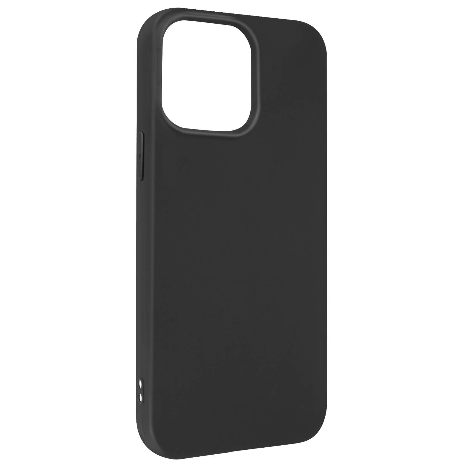 Custodia per telefono nera, vista posteriore. Presenta un ritaglio per la fotocamera e pulsanti laterali.