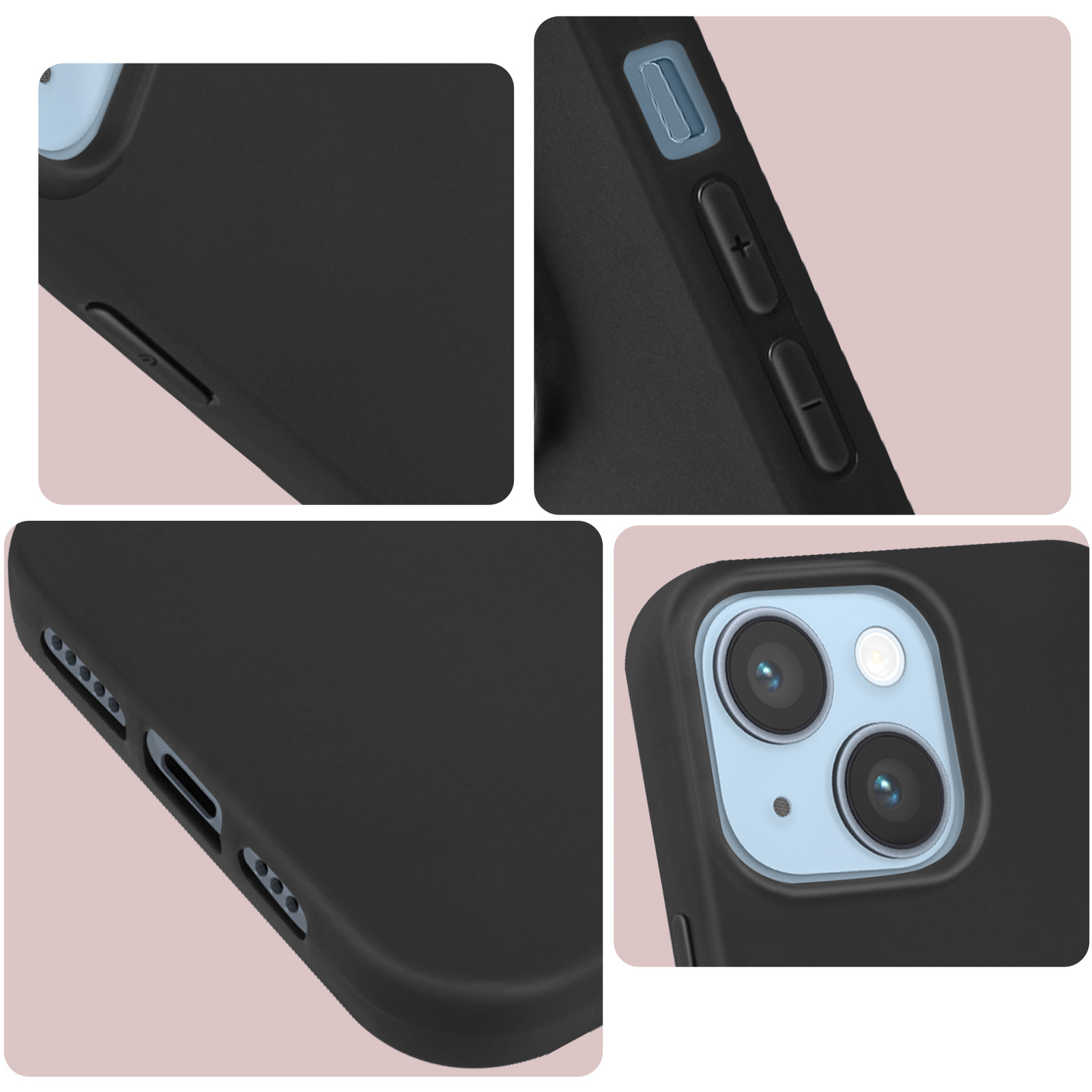 Primi piani di una custodia nera per telefono. Mostra pulsanti, porte e fotocamera.