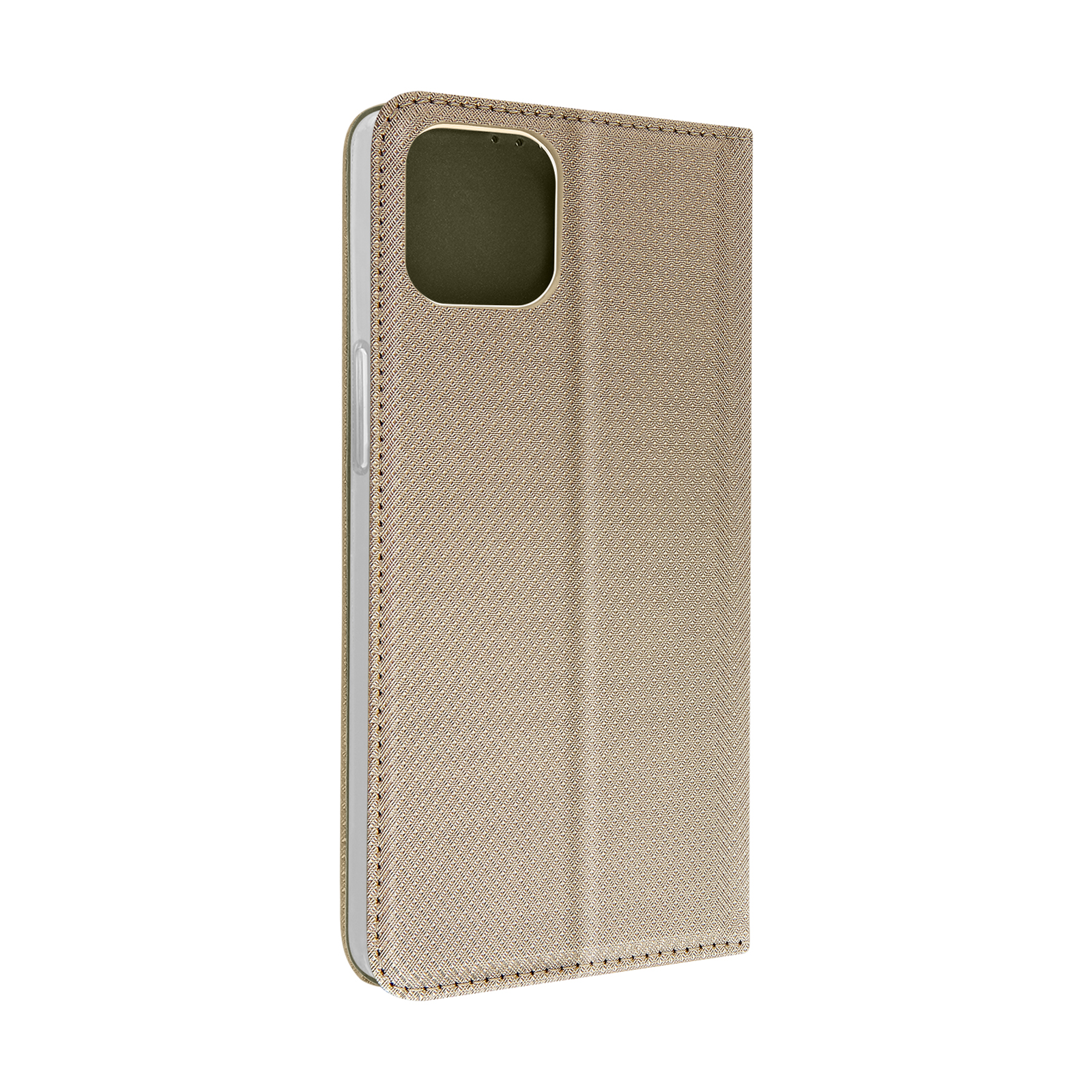 Custodia beige per telefono, chiusa, con chiusura magnetica. La custodia ha una superficie strutturata.