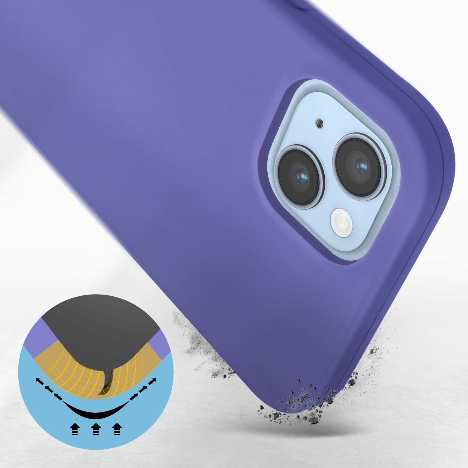 Coque de téléphone violette avec doubles caméras. Sur surface blanche avec diagramme.
