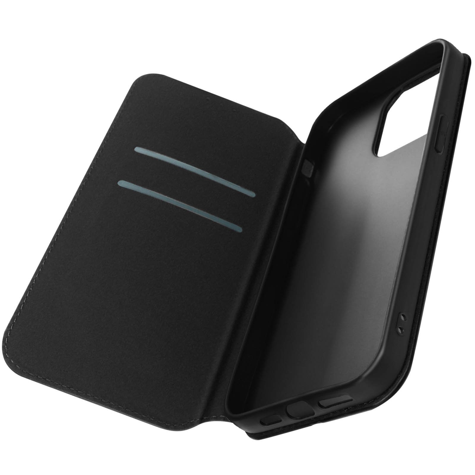 Un étui de téléphone noir est ouvert. Il y a des fentes pour les cartes. Le fond est blanc.