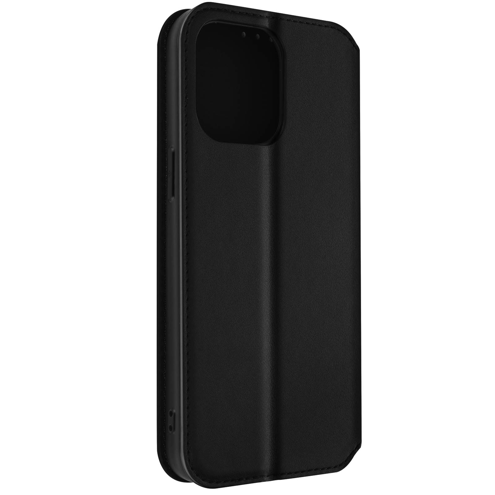 Zwarte telefoonhoes, gesloten, met het zijaanzicht zichtbaar.