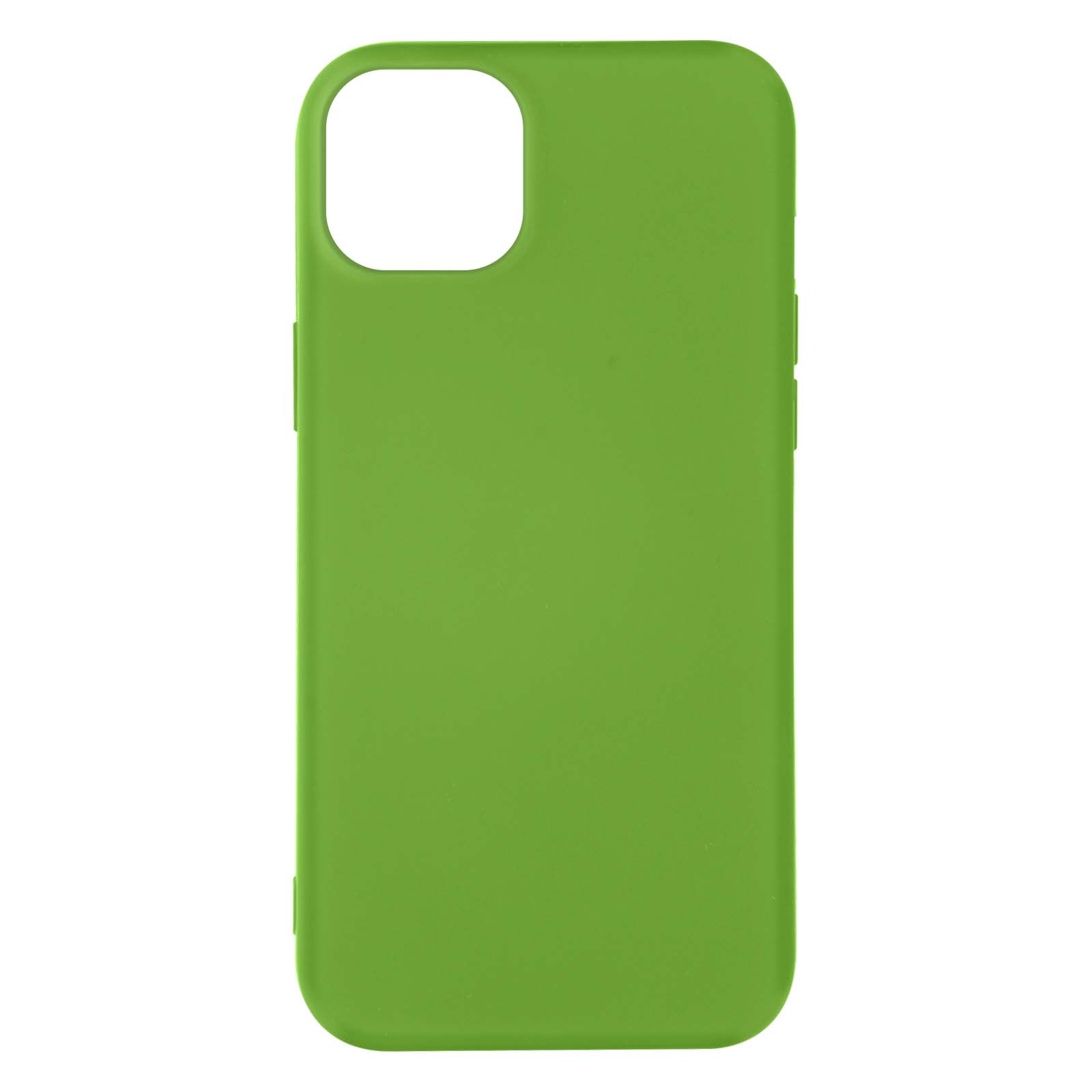 Custodia per telefono verde, vista posteriore. Presenta un ritaglio per la fotocamera e pulsanti laterali.