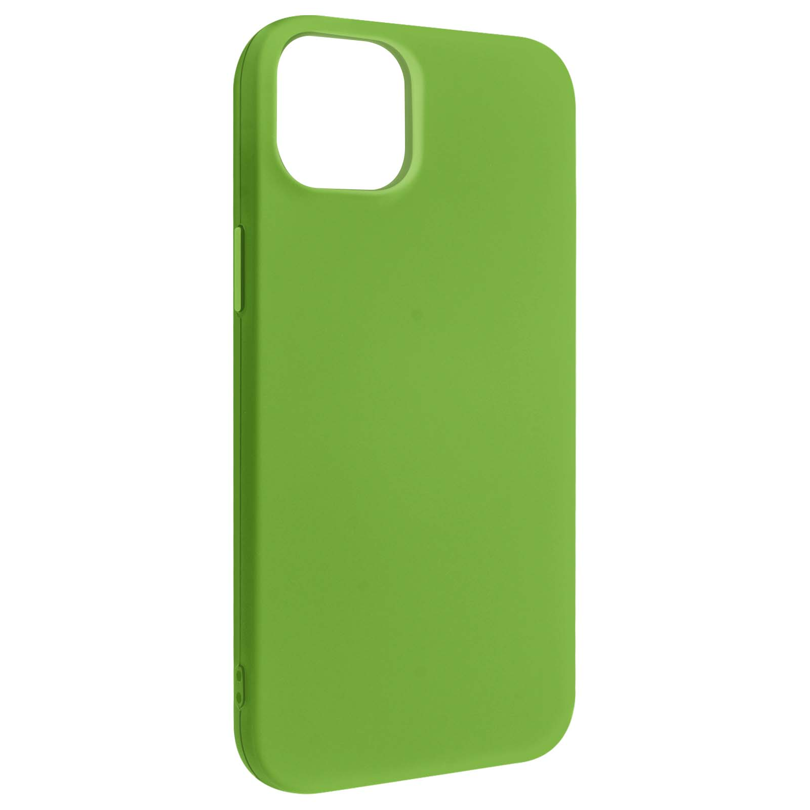 Una custodia per telefono verde isolata su bianco. La custodia ha un'apertura per la fotocamera e i pulsanti.