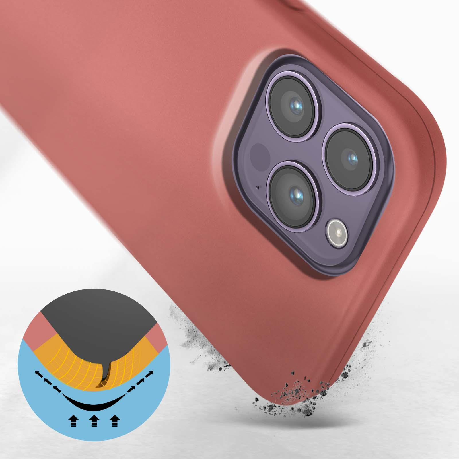 Coque de téléphone rouge avec un design incurvé. Un détail d'impact est montré. Le téléphone est légèrement incliné.