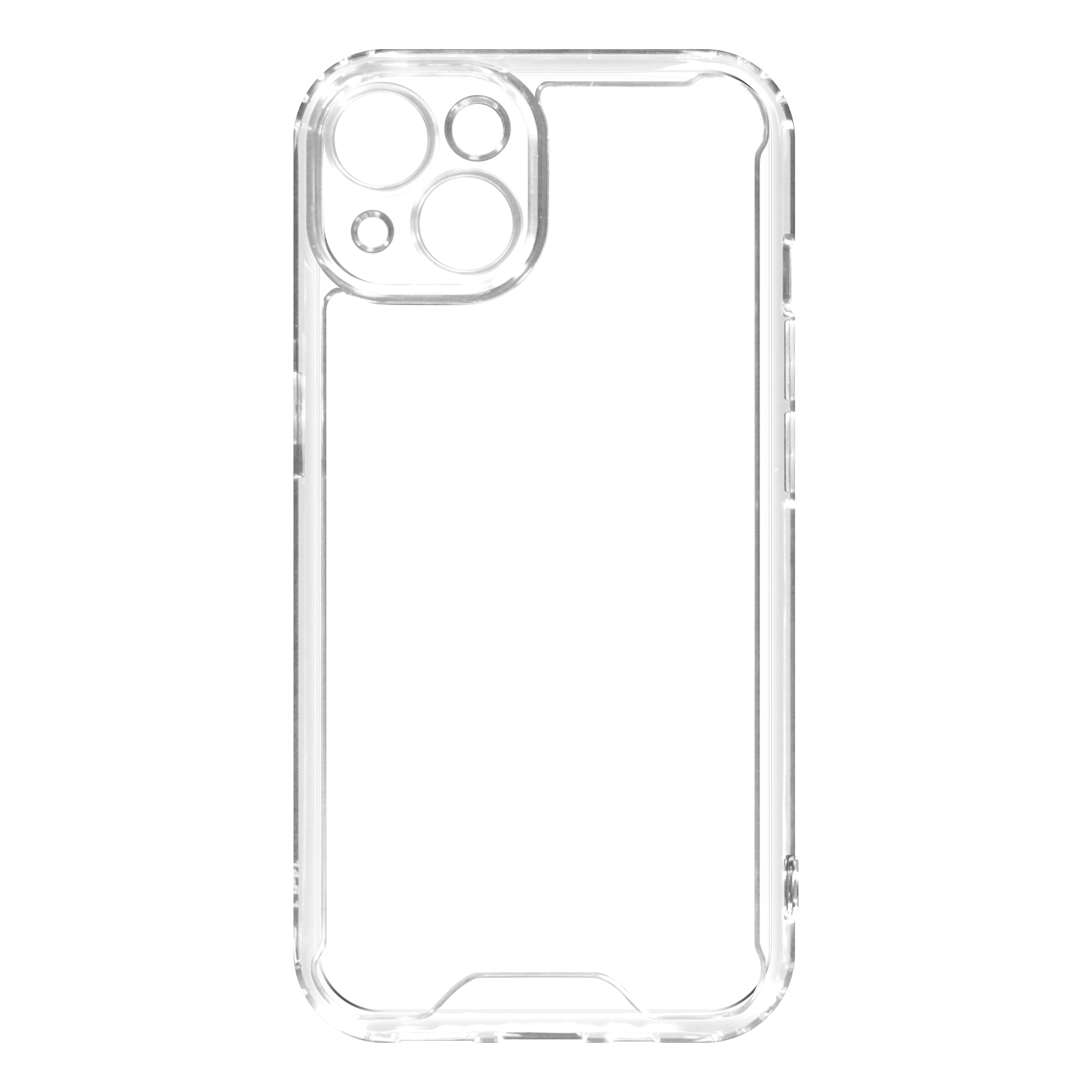 Une coque de téléphone transparente avec des découpes pour l'appareil photo et les boutons.