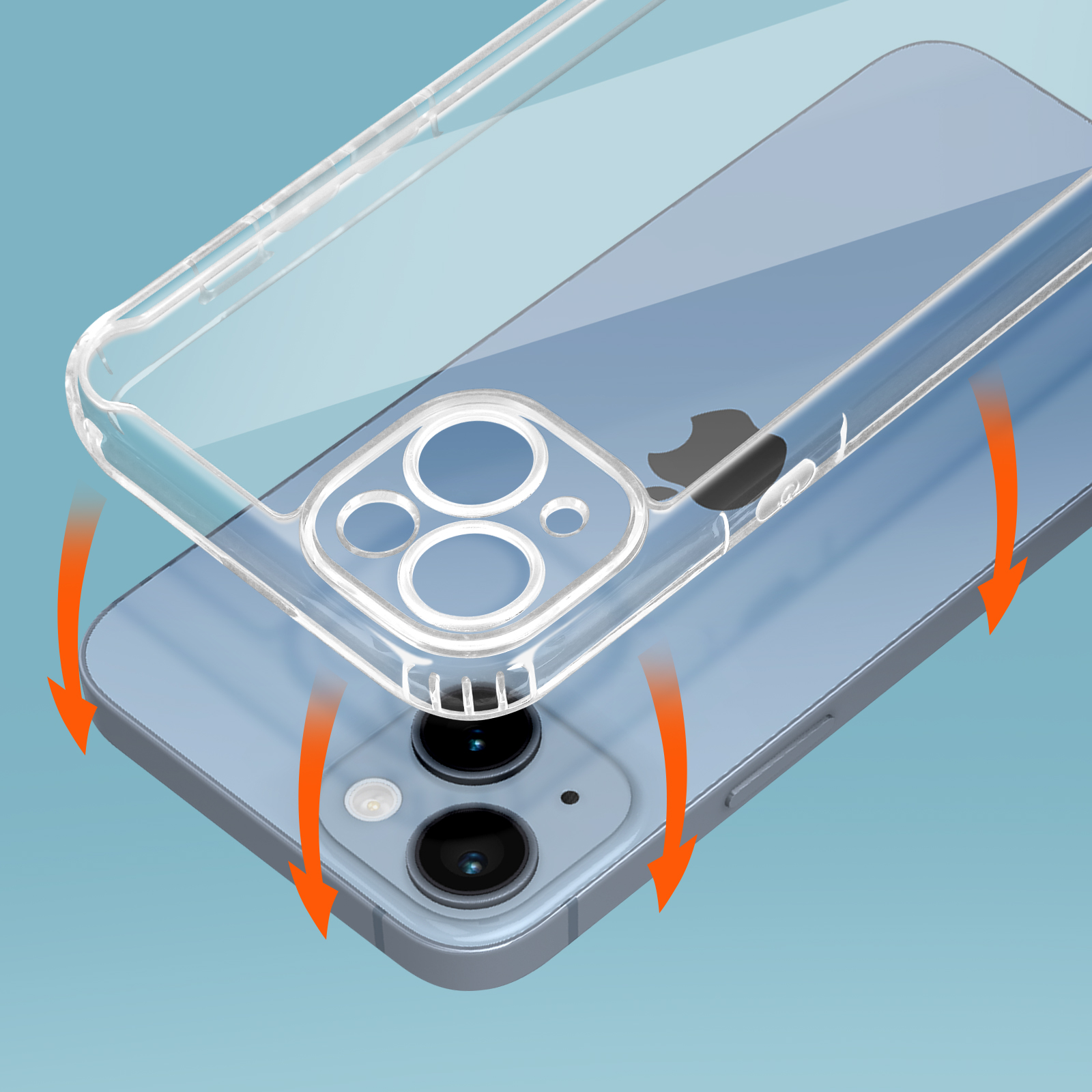 Un téléphone avec une coque transparente en cours de placement. Des flèches indiquent comment mettre la coque.